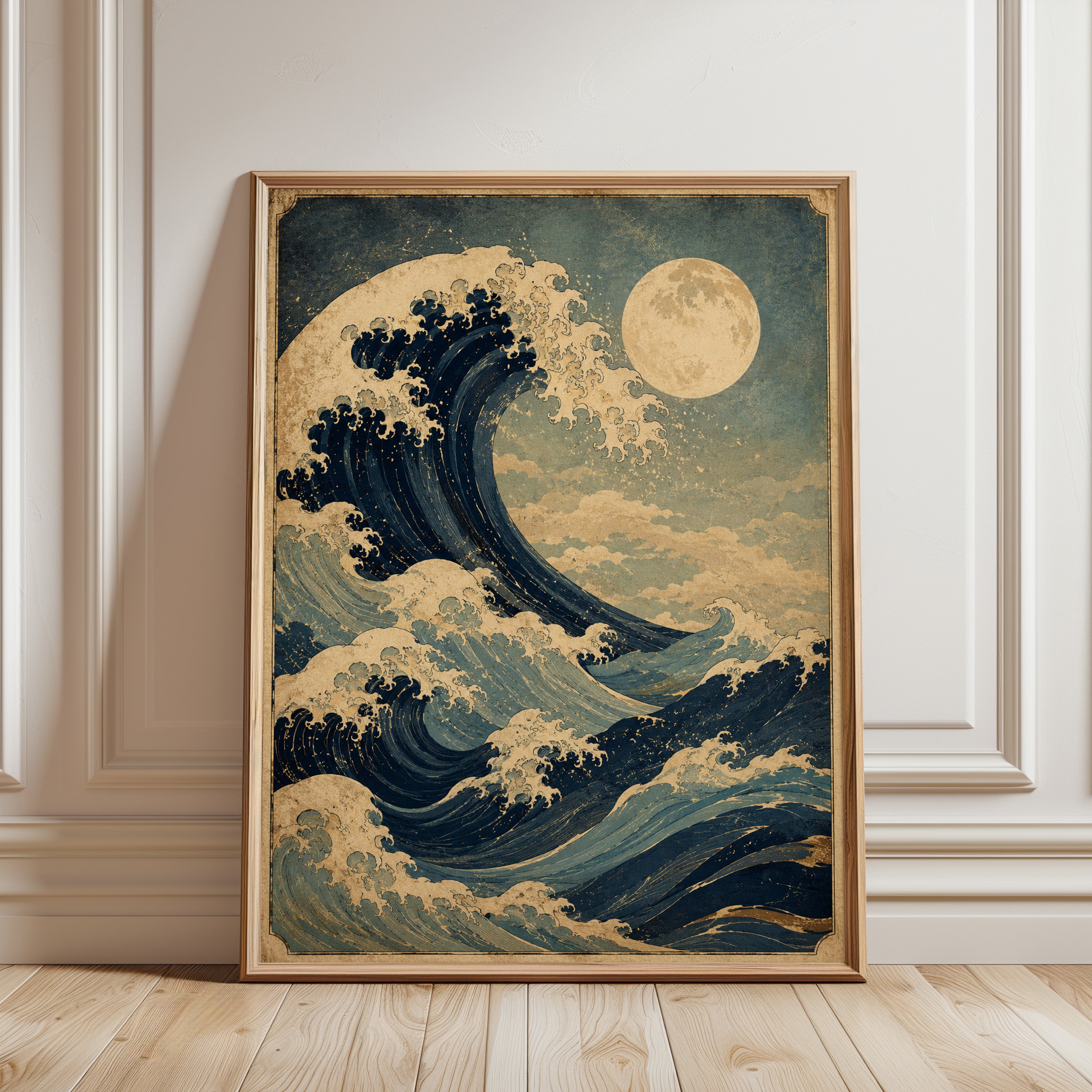 Japanese Wave Print: Ukiyo-e Inspired Ocean and Moon Art - framed detail