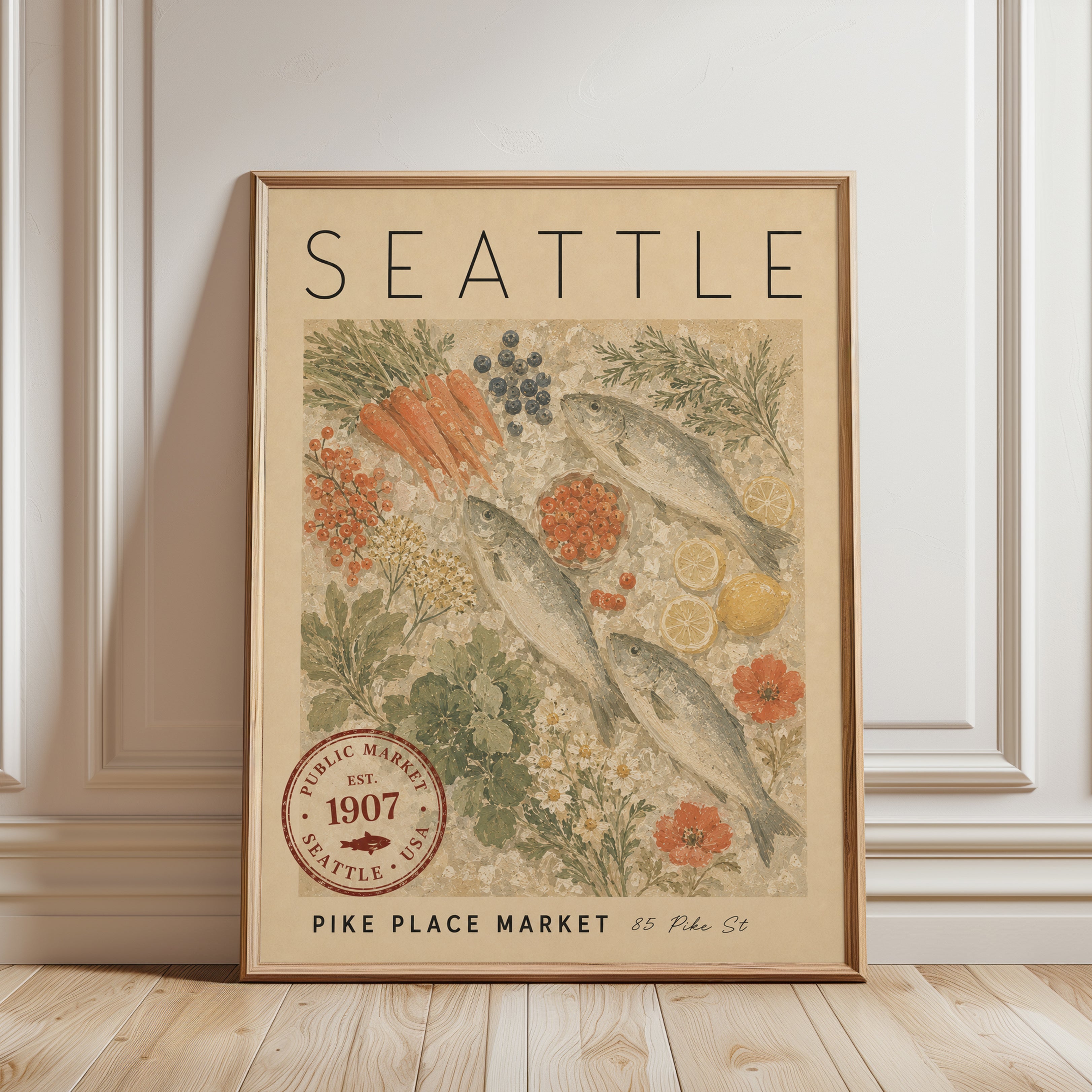 Seattle Travel Poster – Pike Place Market Print - framed detail