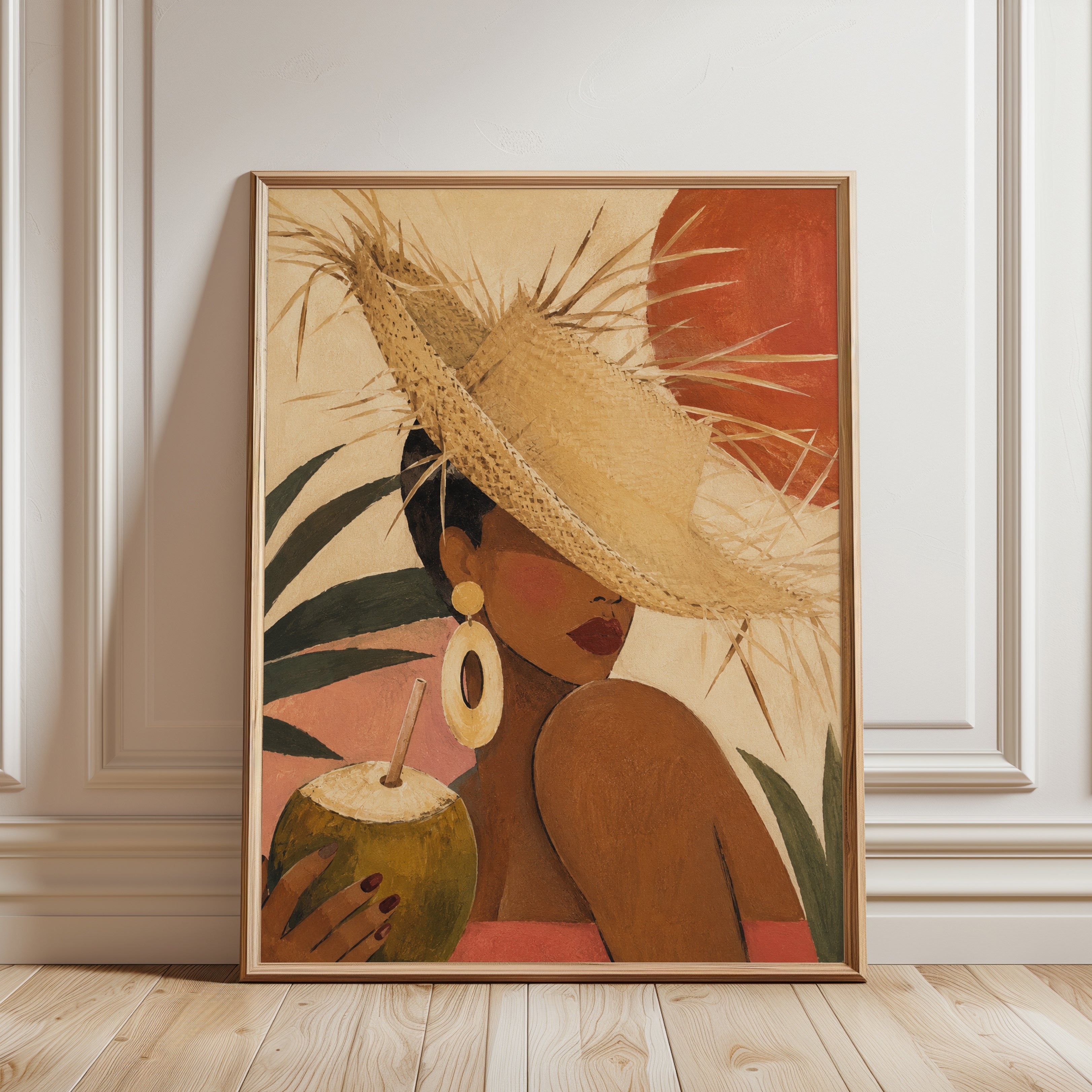 Tropical Woman Wall Art – Straw Hat Print - framed detail