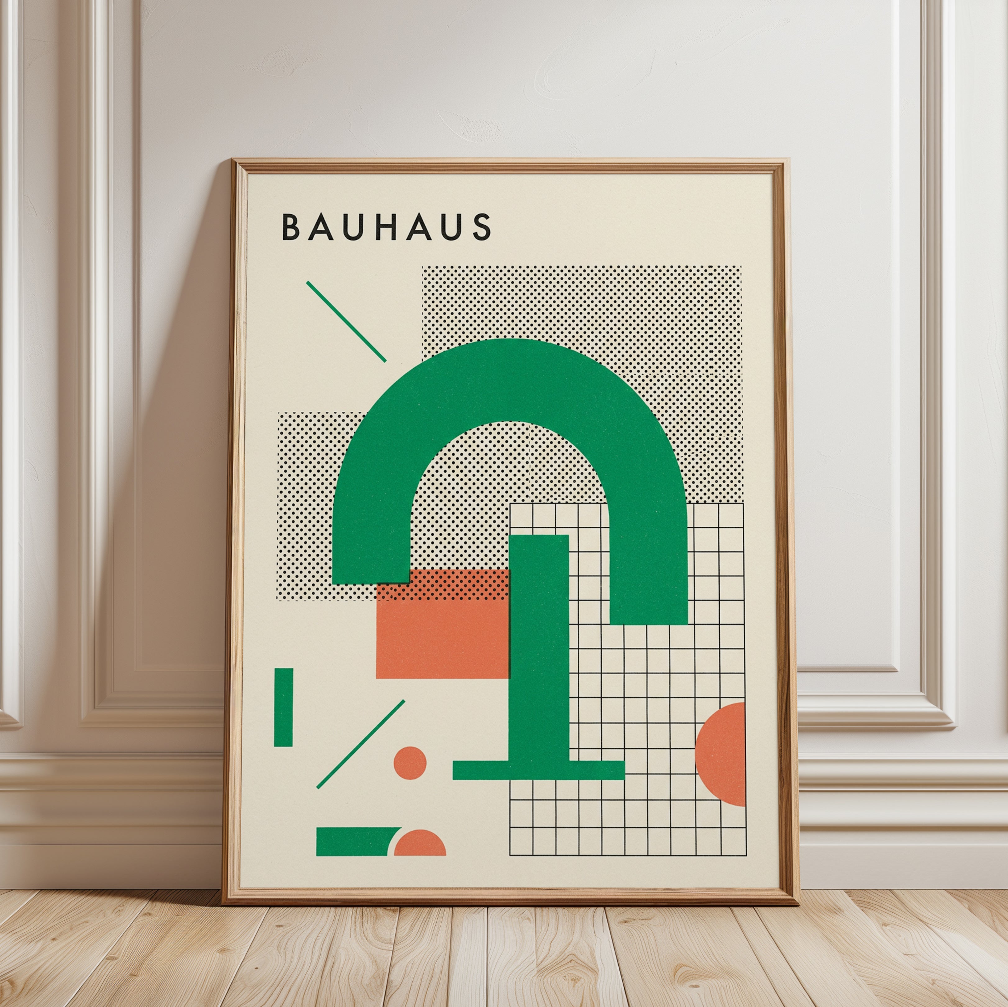 Bauhaus Geometric Arch Print: Green and Coral Modernist Design - framed detail
