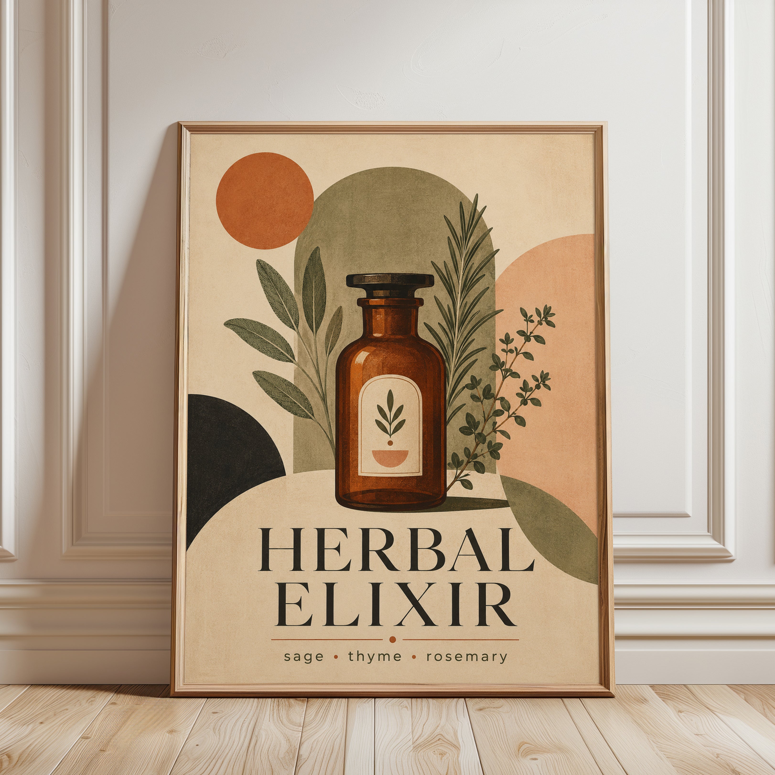 Herbal Apothecary Bottle Art Print: Mid-Century Botanical Design - framed detail