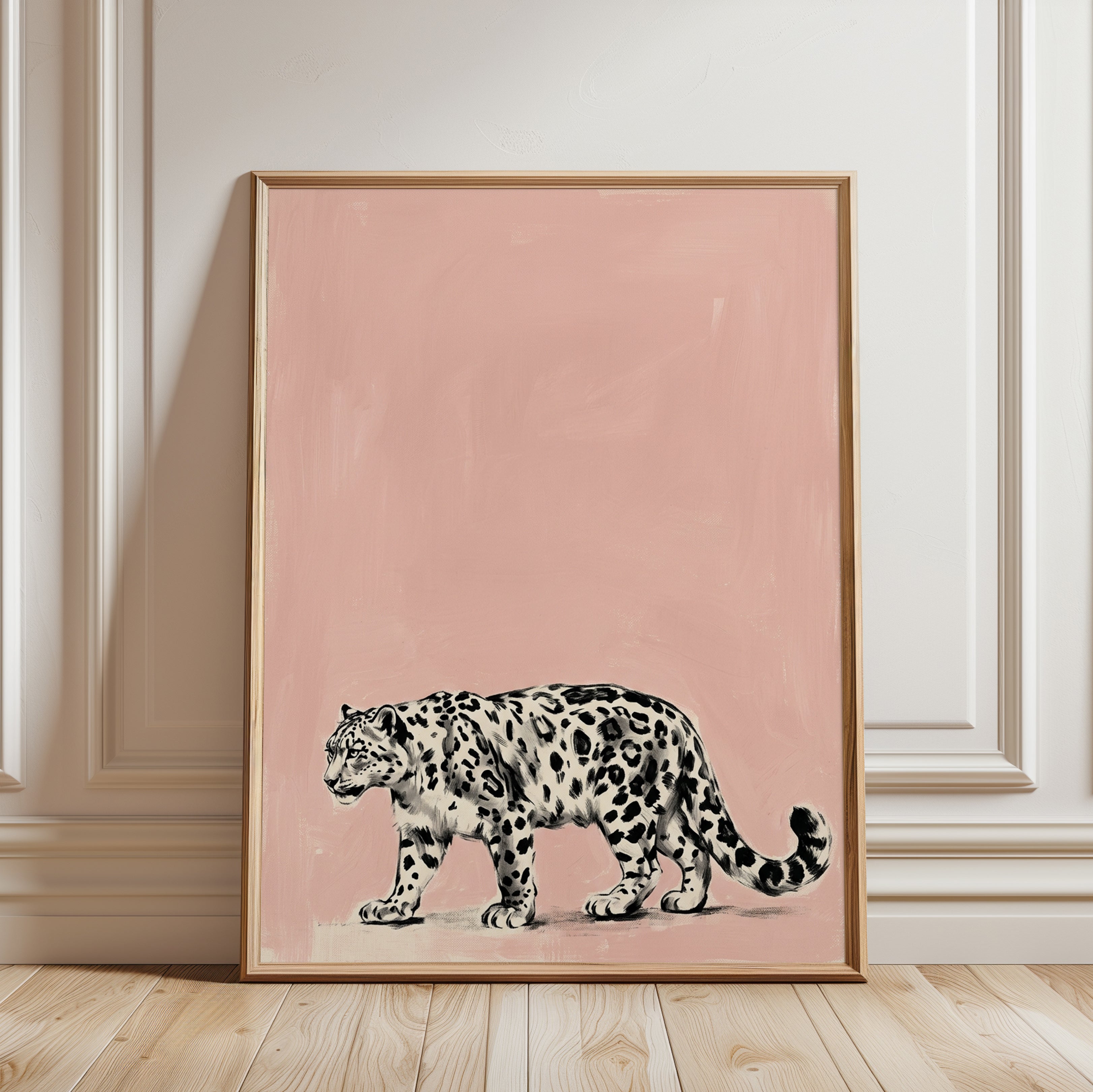 Snow Leopard Print: Minimalist Pink Contemporary Wildlife Art - framed detail