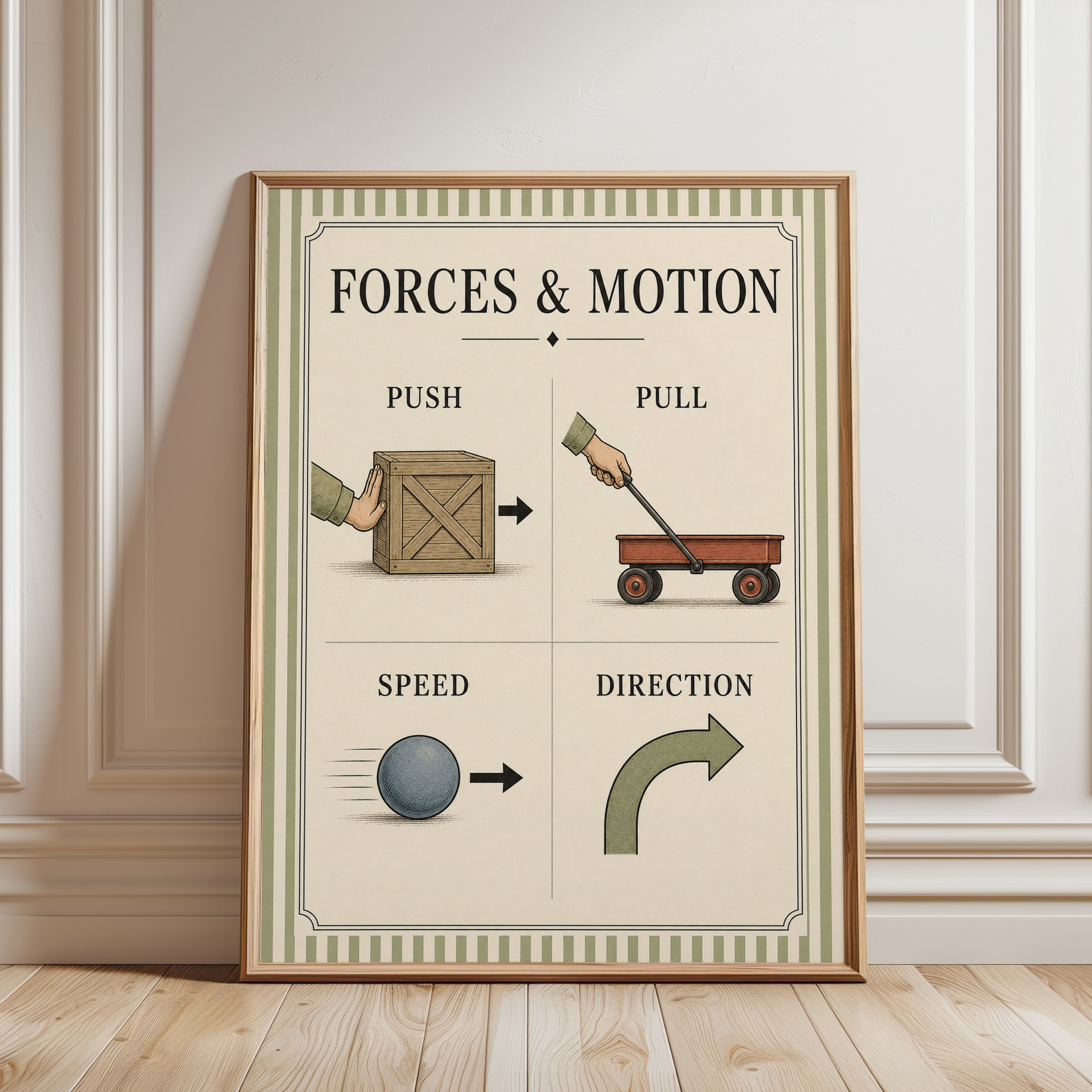 Forces and Motion Educational Poster: Vintage Science Art Print - framed detail
