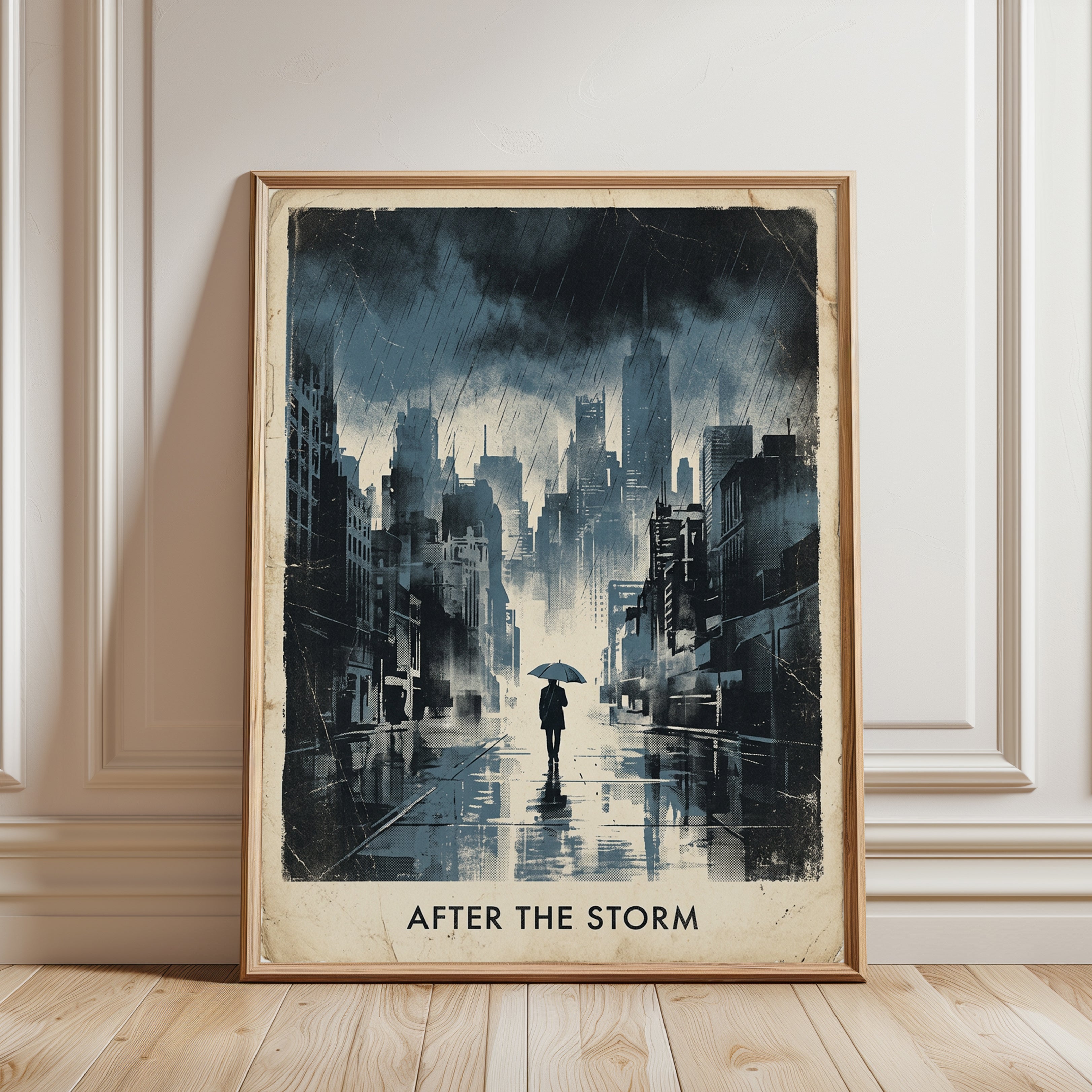 Rainy City Street Art Print: Blue Urban Watercolor Silhouette - framed detail