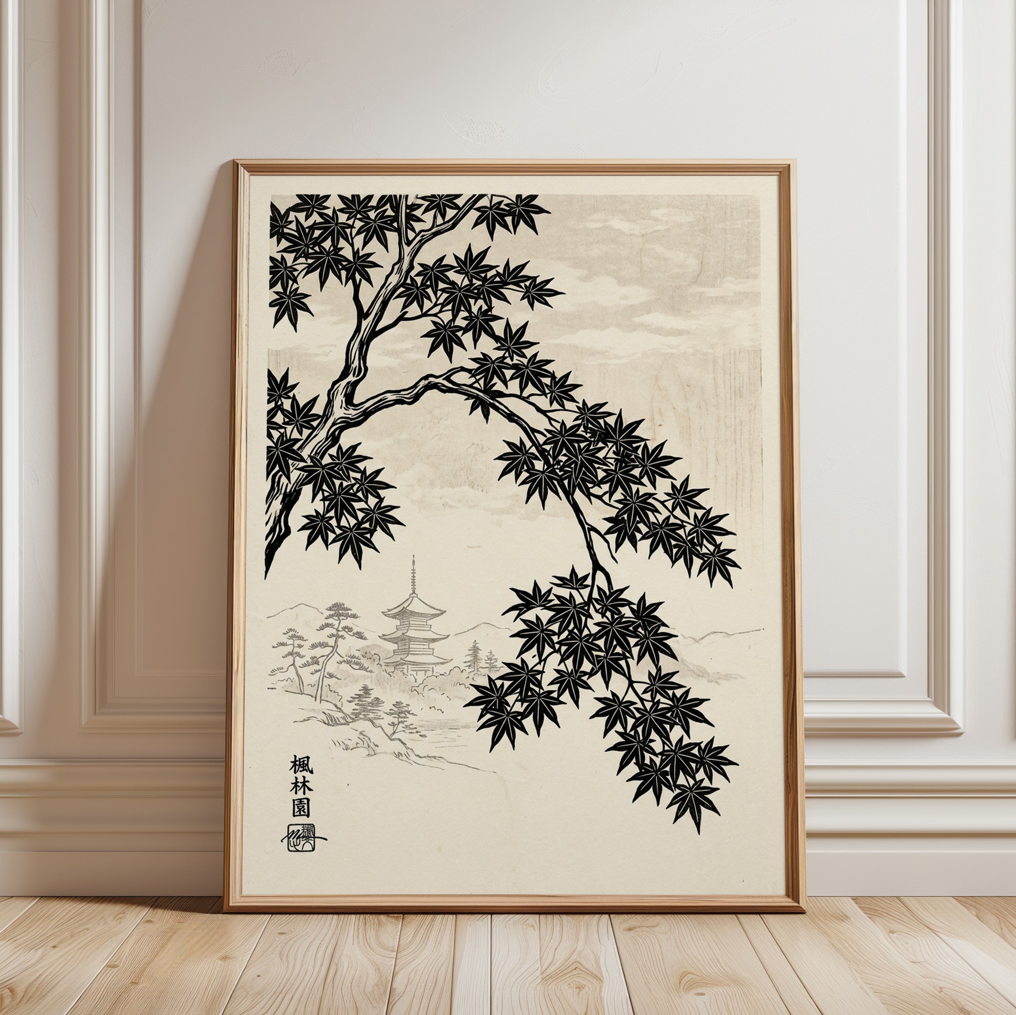 Japanese Maple Tree Art Print: Black and Cream Pagoda Landscape - framed detail