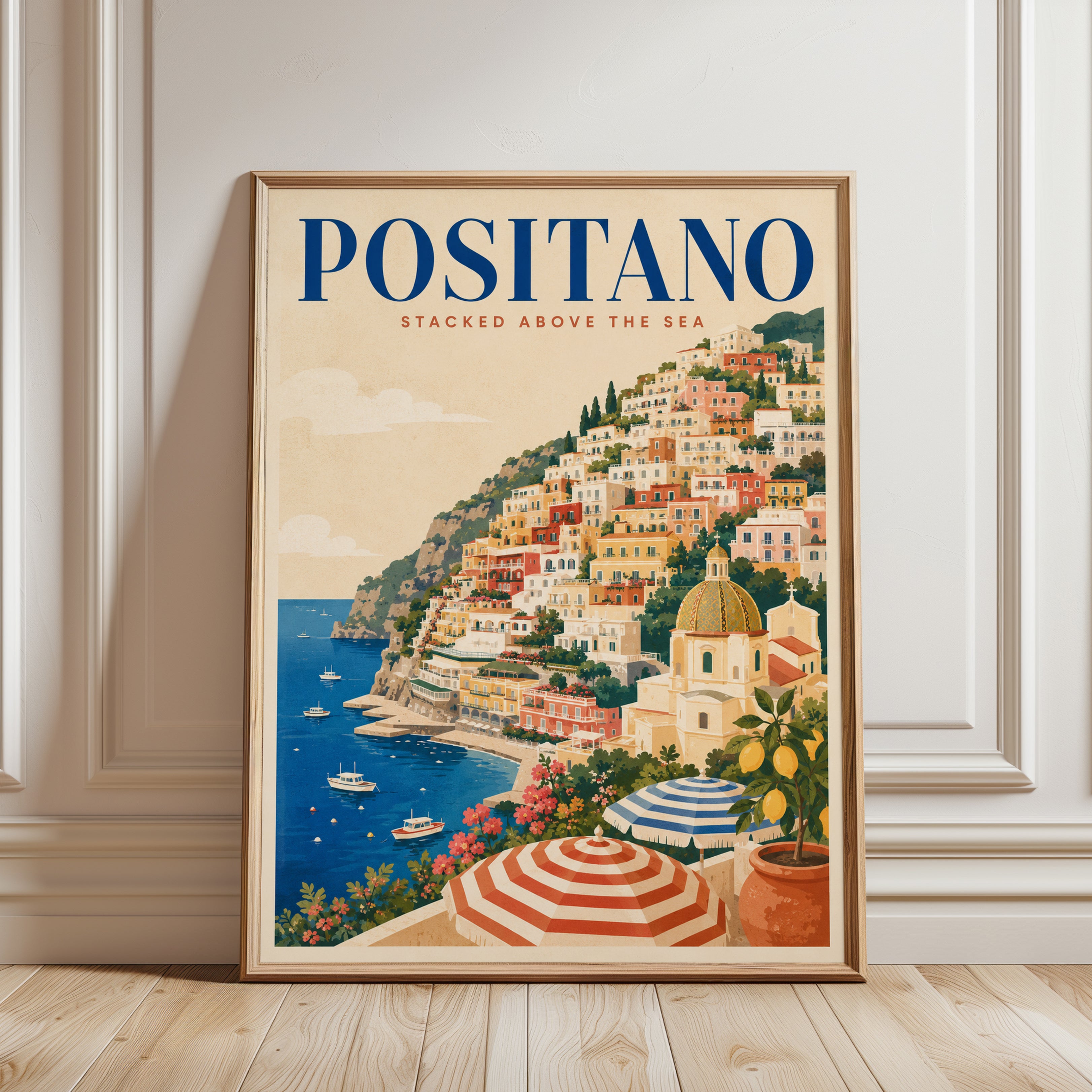 Positano Travel Poster – Vintage Italy Print - framed detail