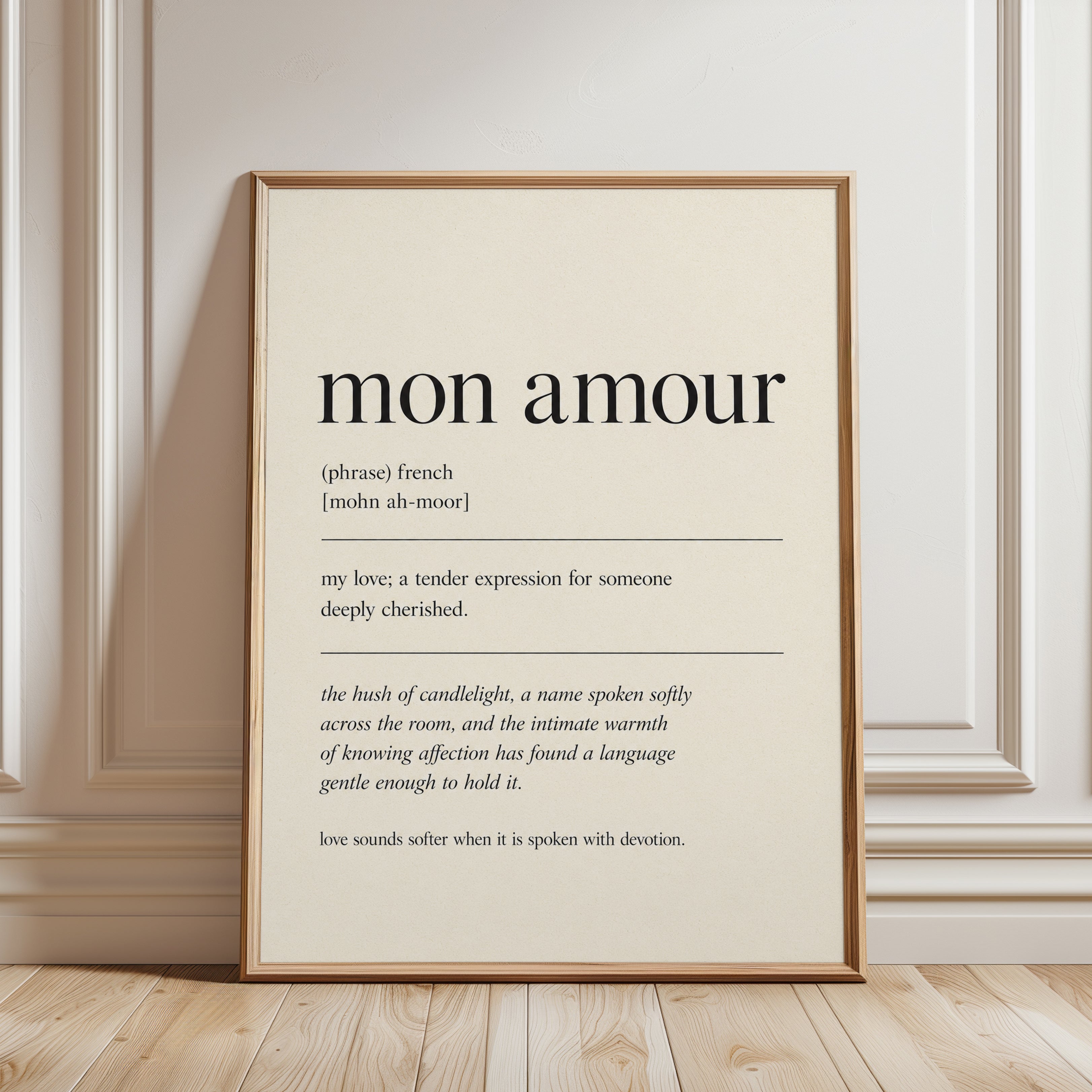 Mon Amour Print: French Love Quote Typography (Minimalist Wall Art) - framed detail