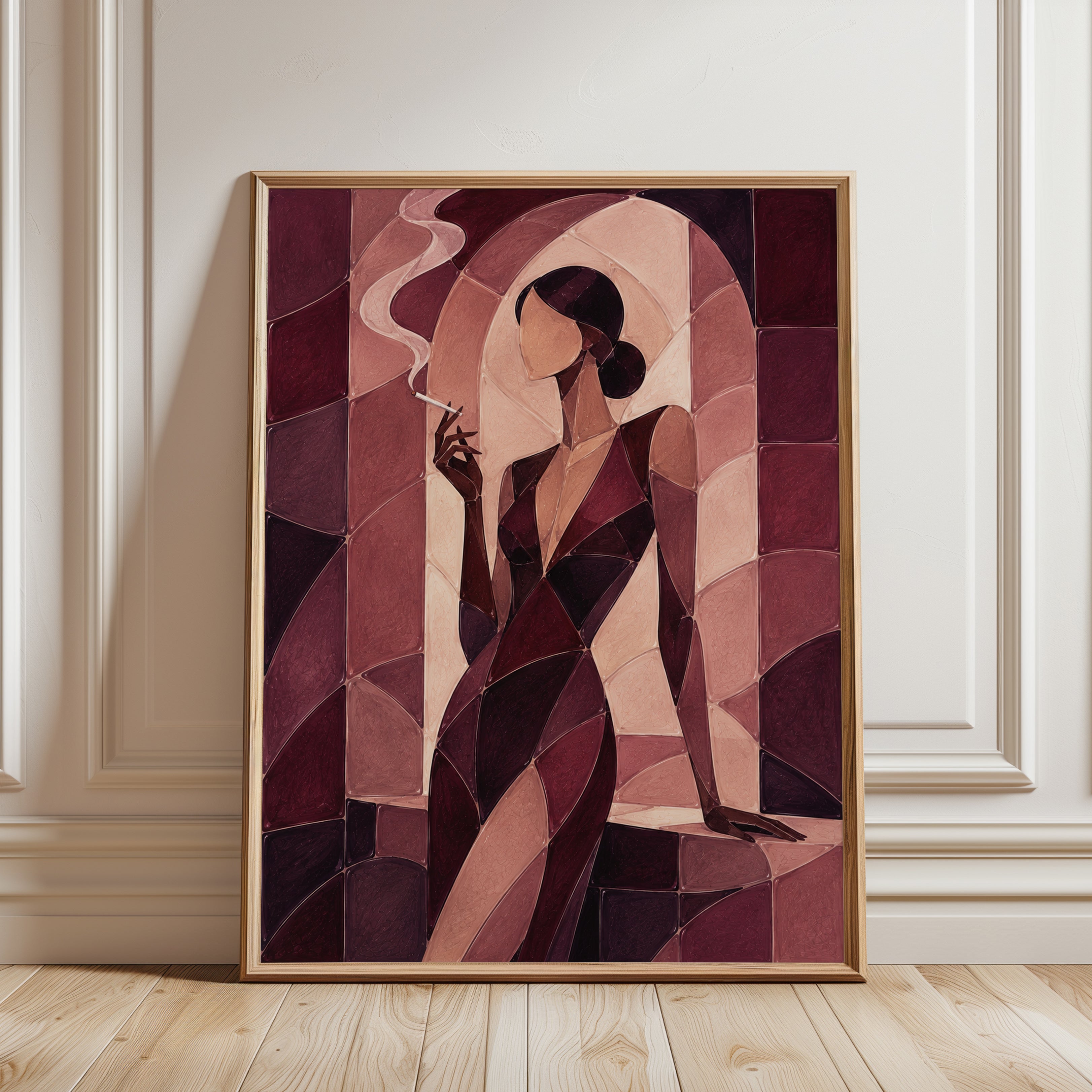 Art Deco Woman With Cigarette: Geometric Burgundy Wall Art - framed detail