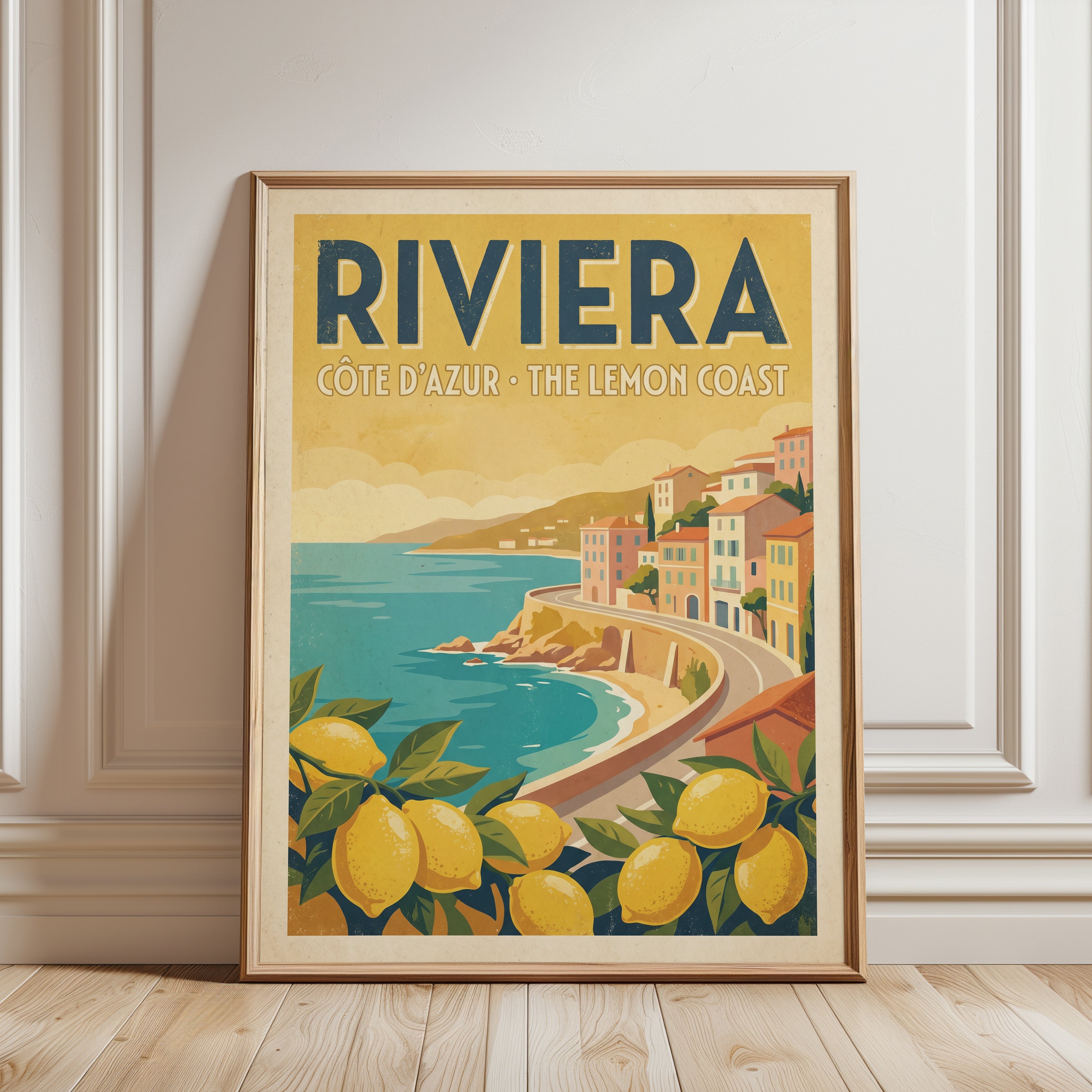 Riviera Travel Poster Print — Vintage Côte d'Azur Lemon Coast - framed detail
