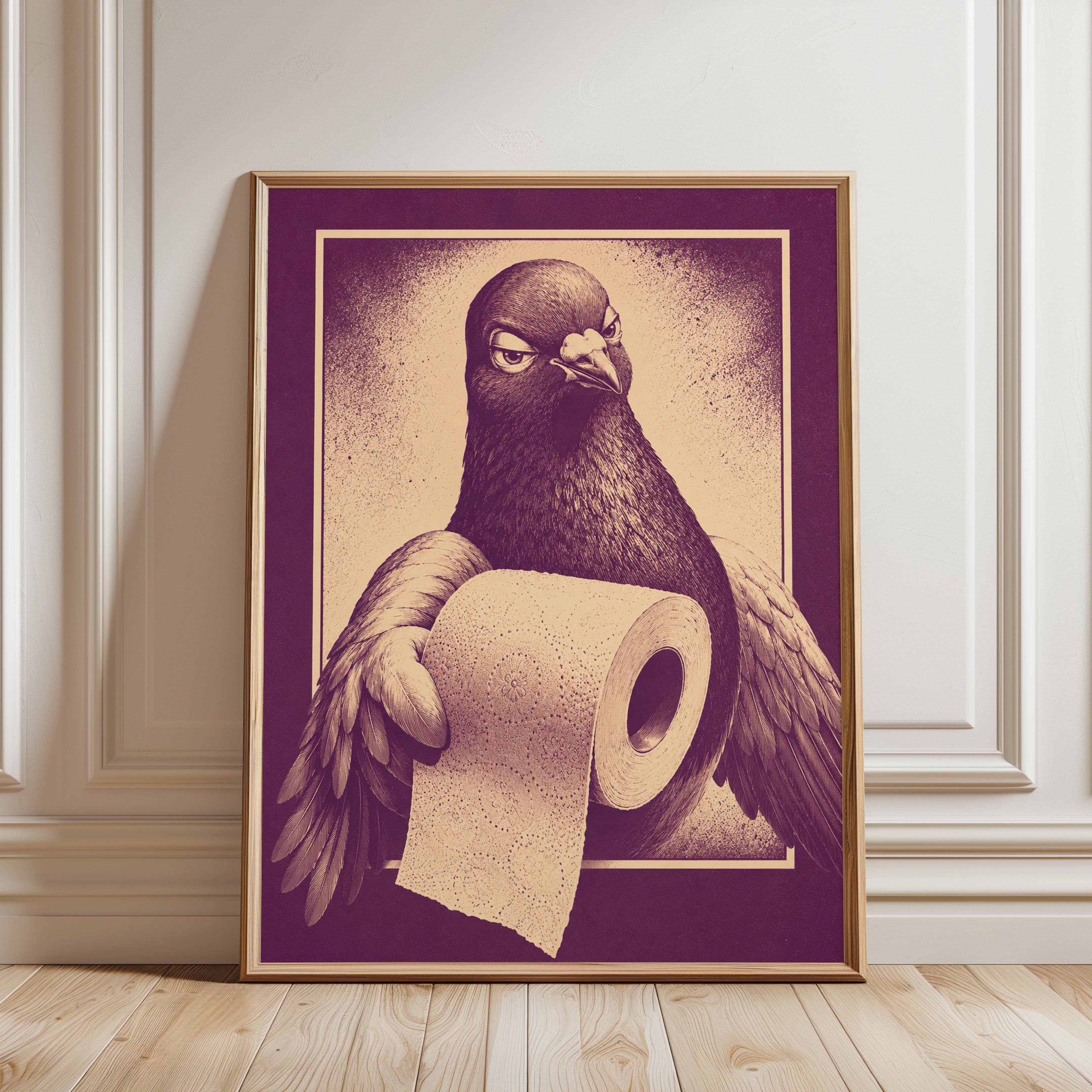 Pigeon Bathroom Print: Vintage Style Humor (Purple and Beige) - framed detail