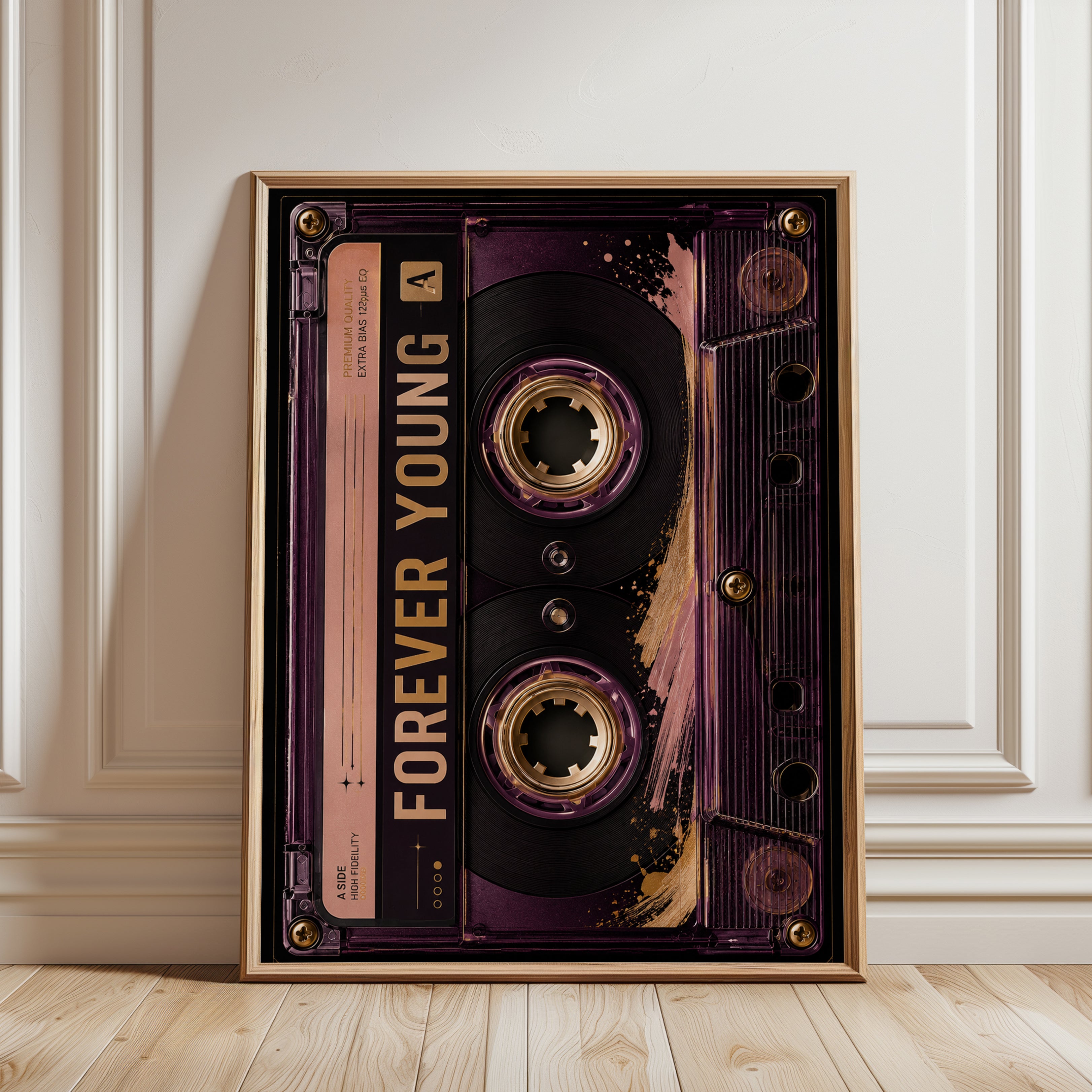 Forever Young Cassette Tape Art Print: Purple Gold Retro Music - framed detail