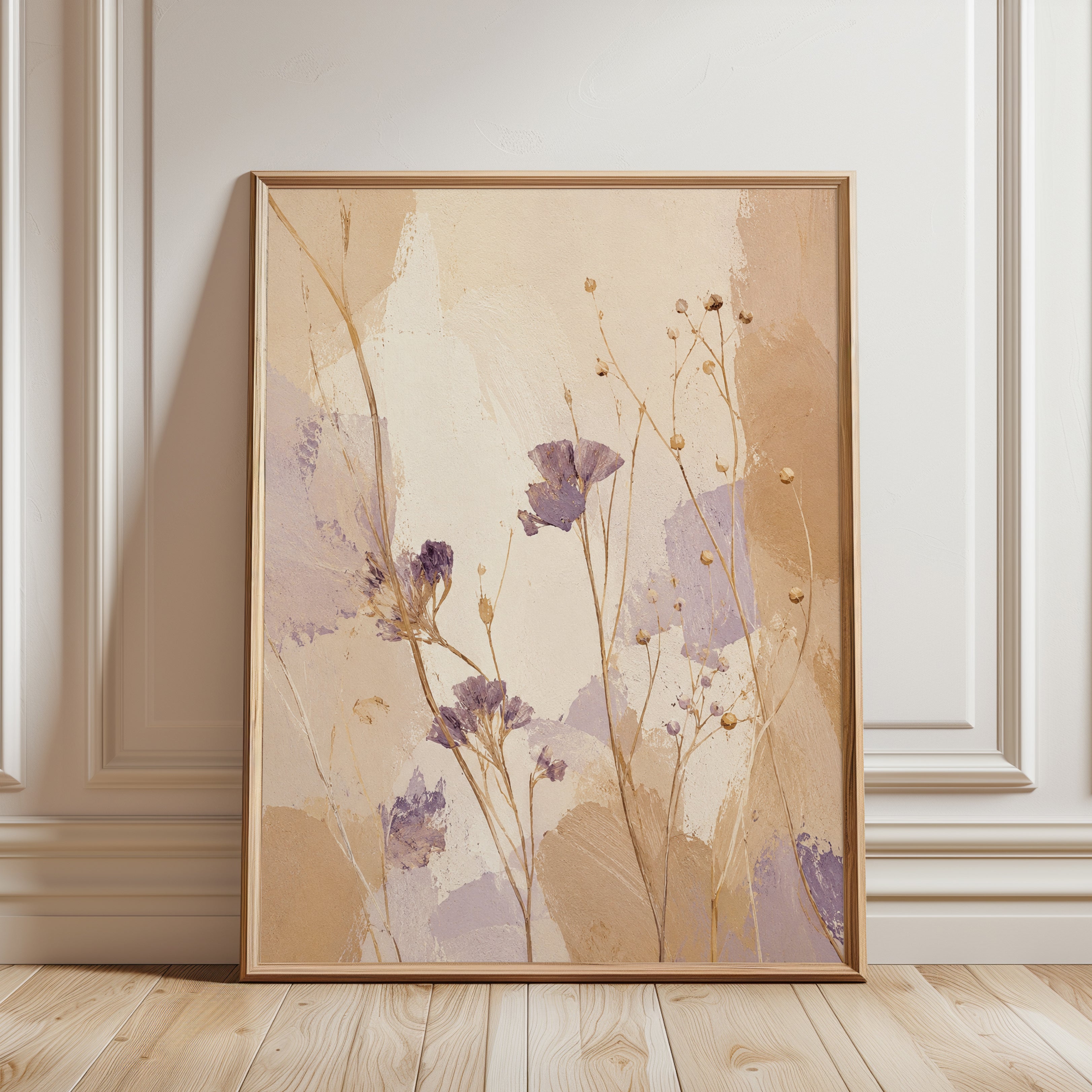Pressed Wildflower Art Print: Soft Lavender and Beige Botanical - framed detail