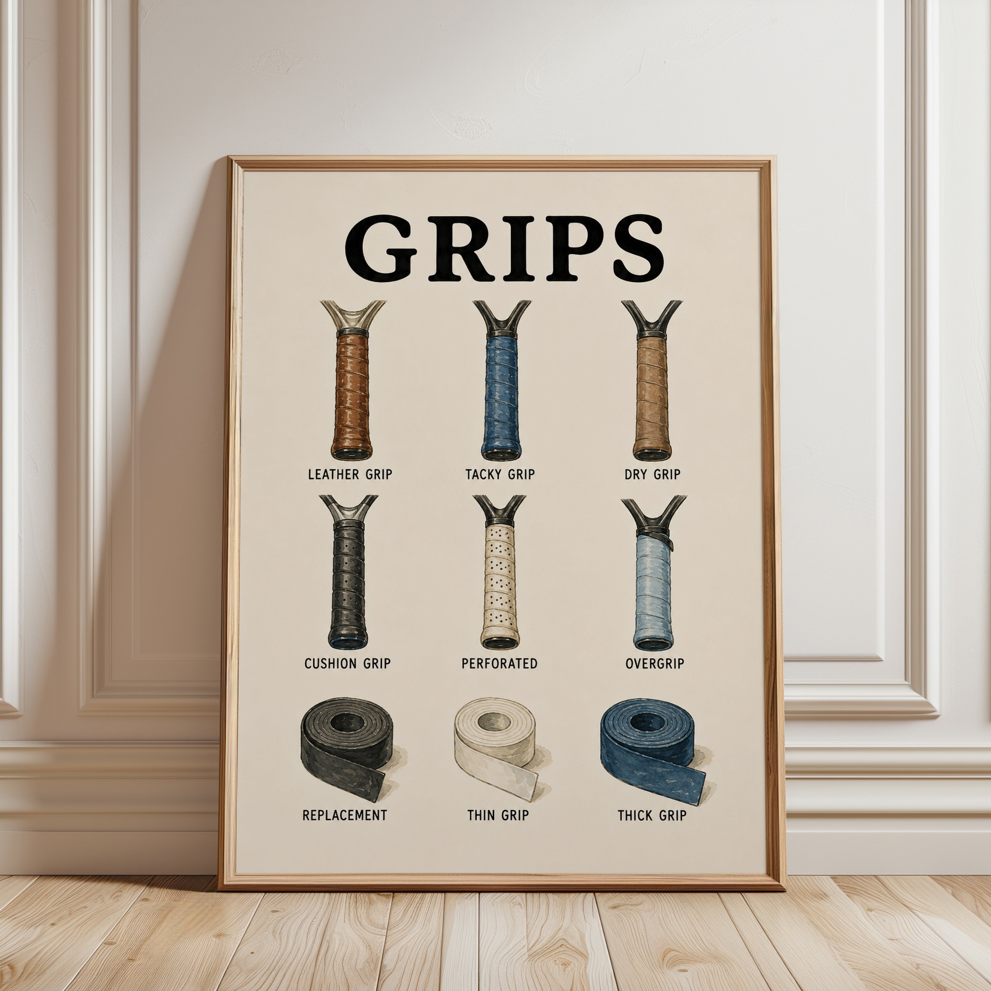 Tennis Racket Grips Wall Art: Vintage Sports Illustration - framed detail
