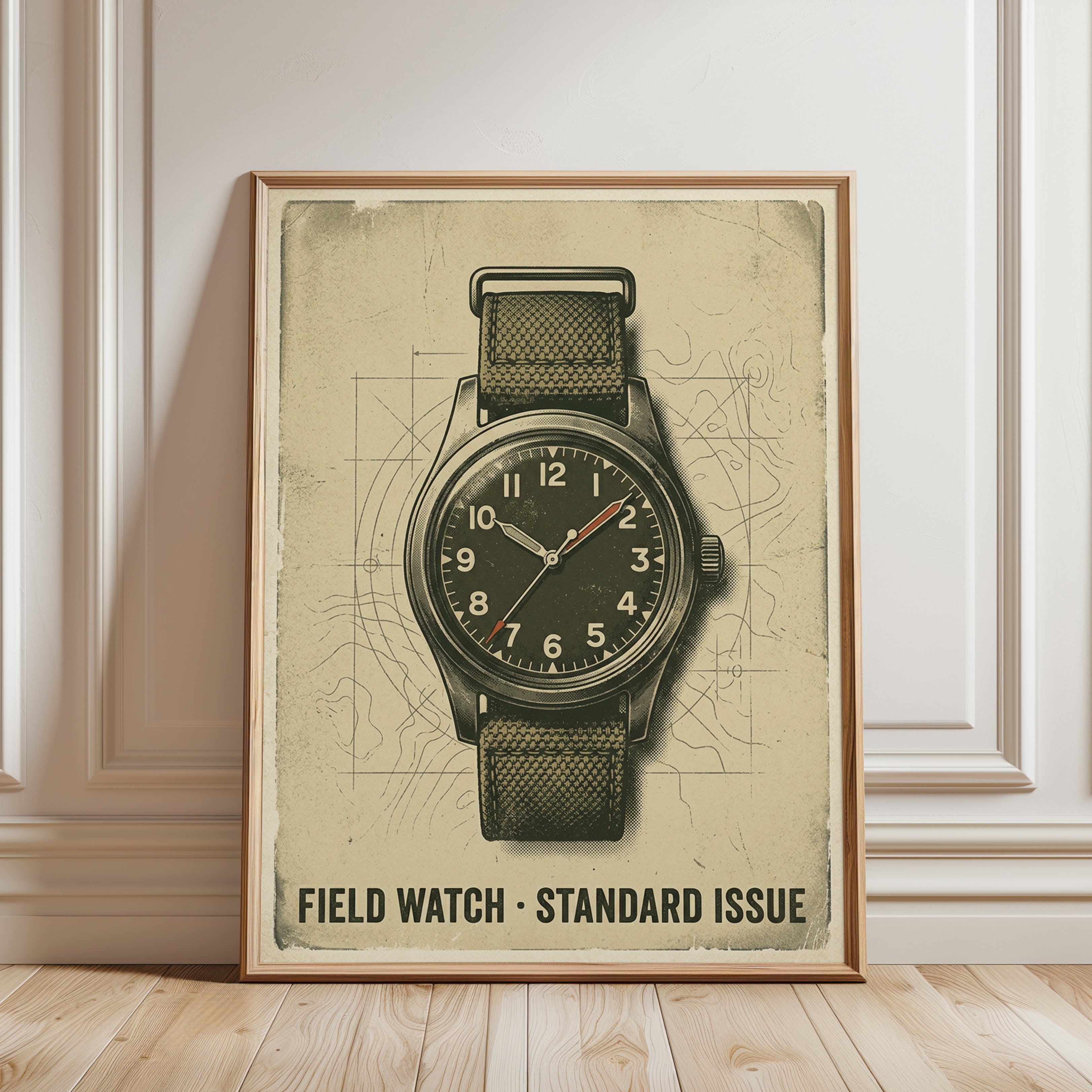 Vintage Military Field Watch Poster: Retro Technical Illustration - framed detail