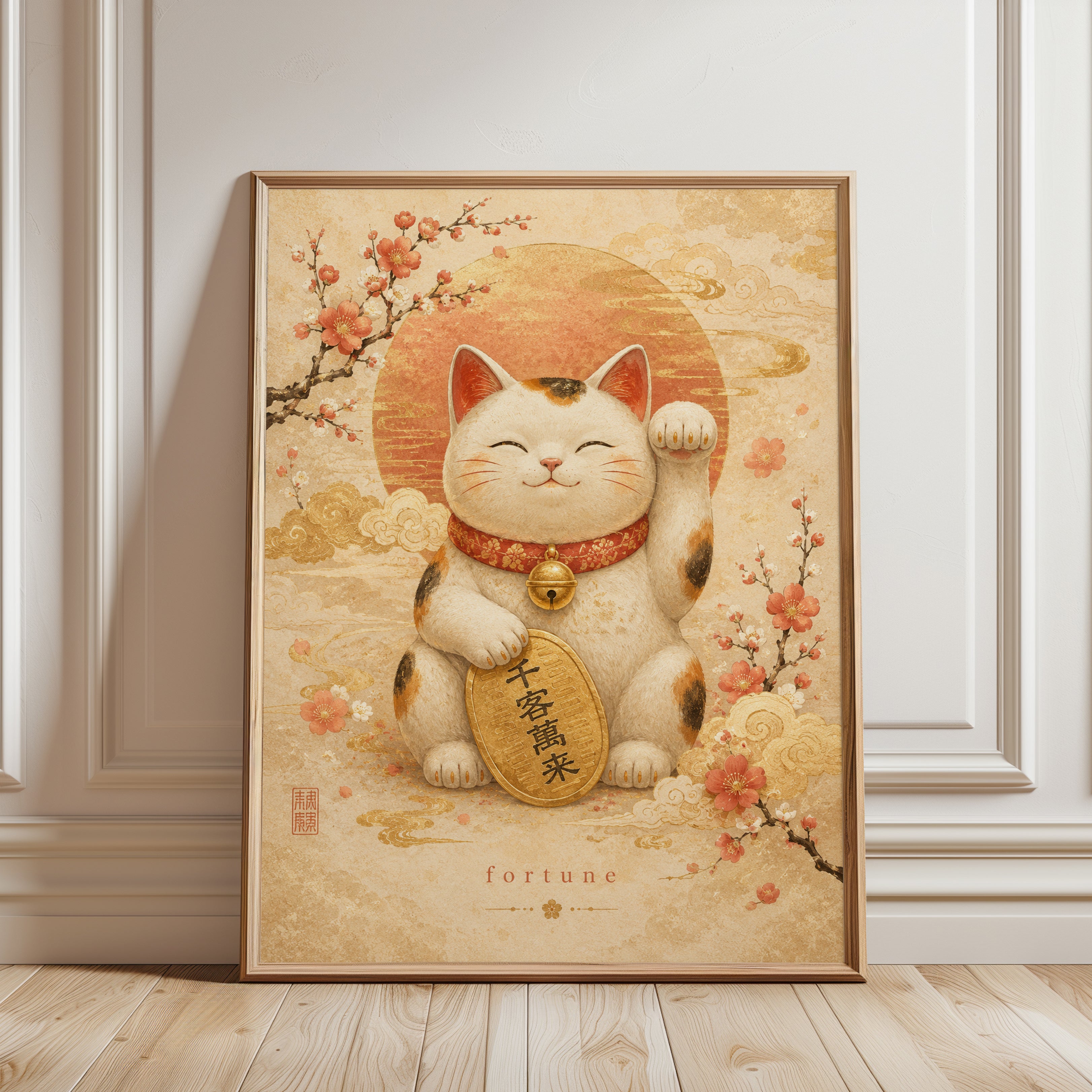 Maneki Neko Lucky Cat Wall Art - framed detail