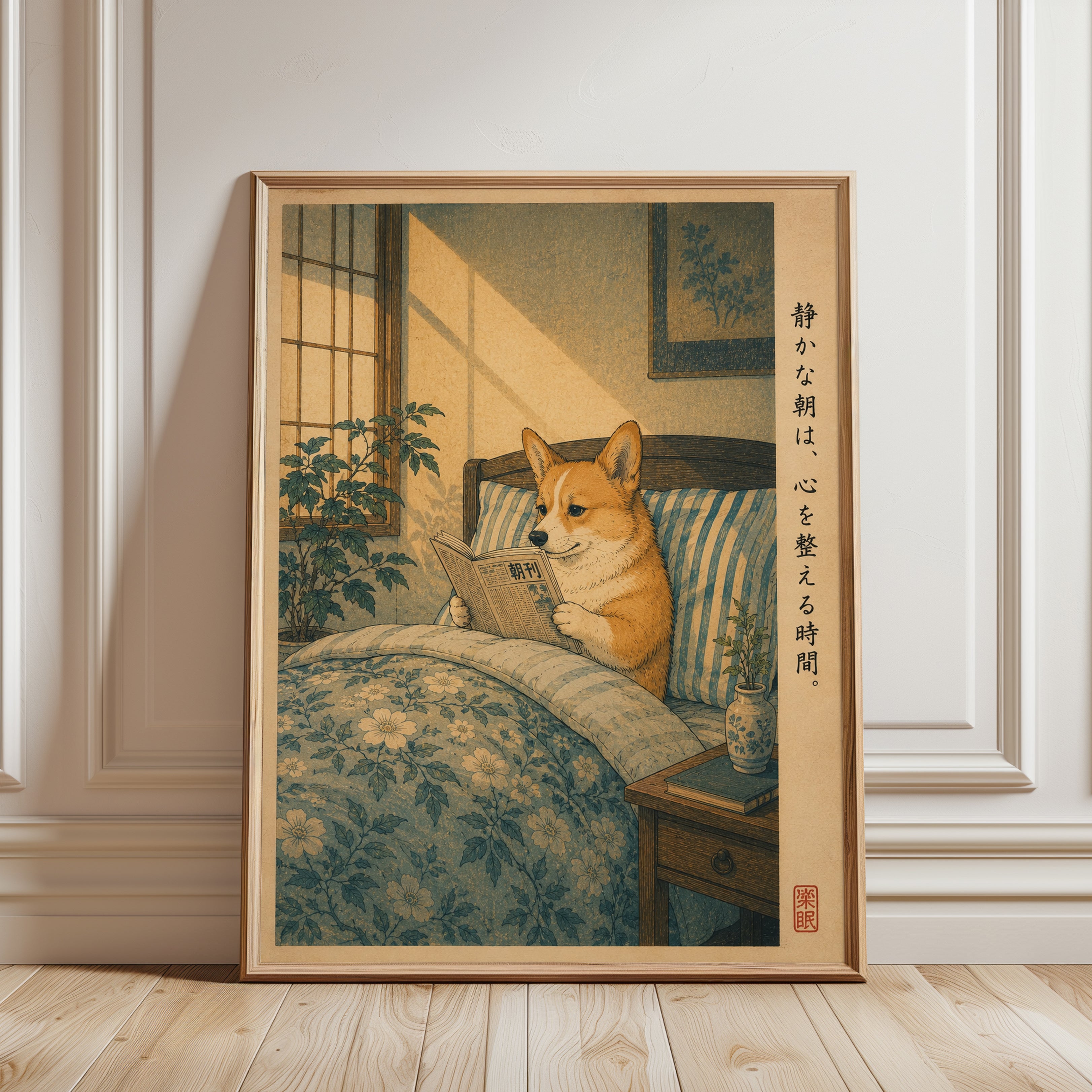 Shiba Inu Wall Art – Japanese Dog Reading Print - framed detail