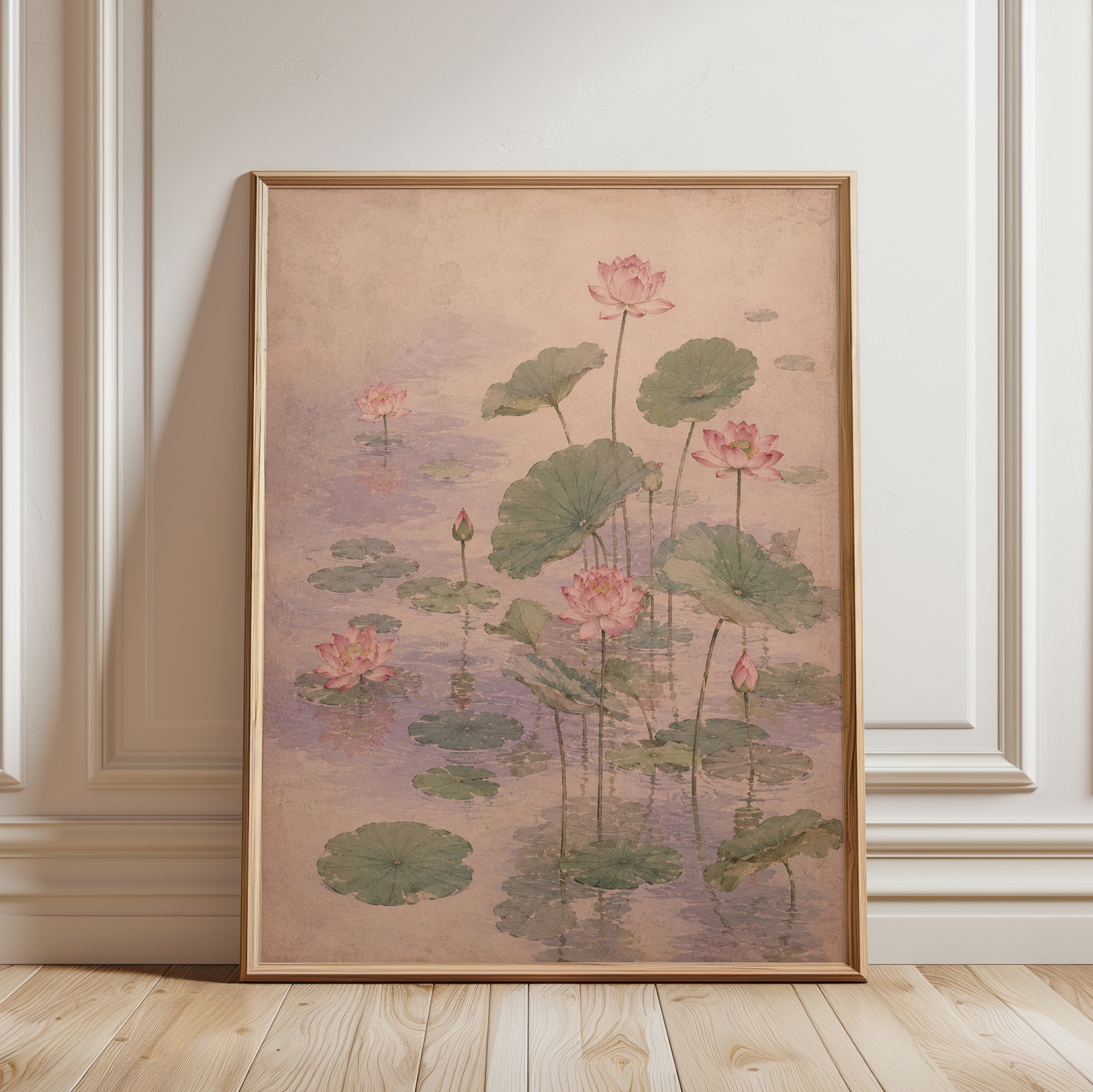Lotus Pond Art Print: Delicate Pink Flowers on Beige Oriental Watercol - framed detail