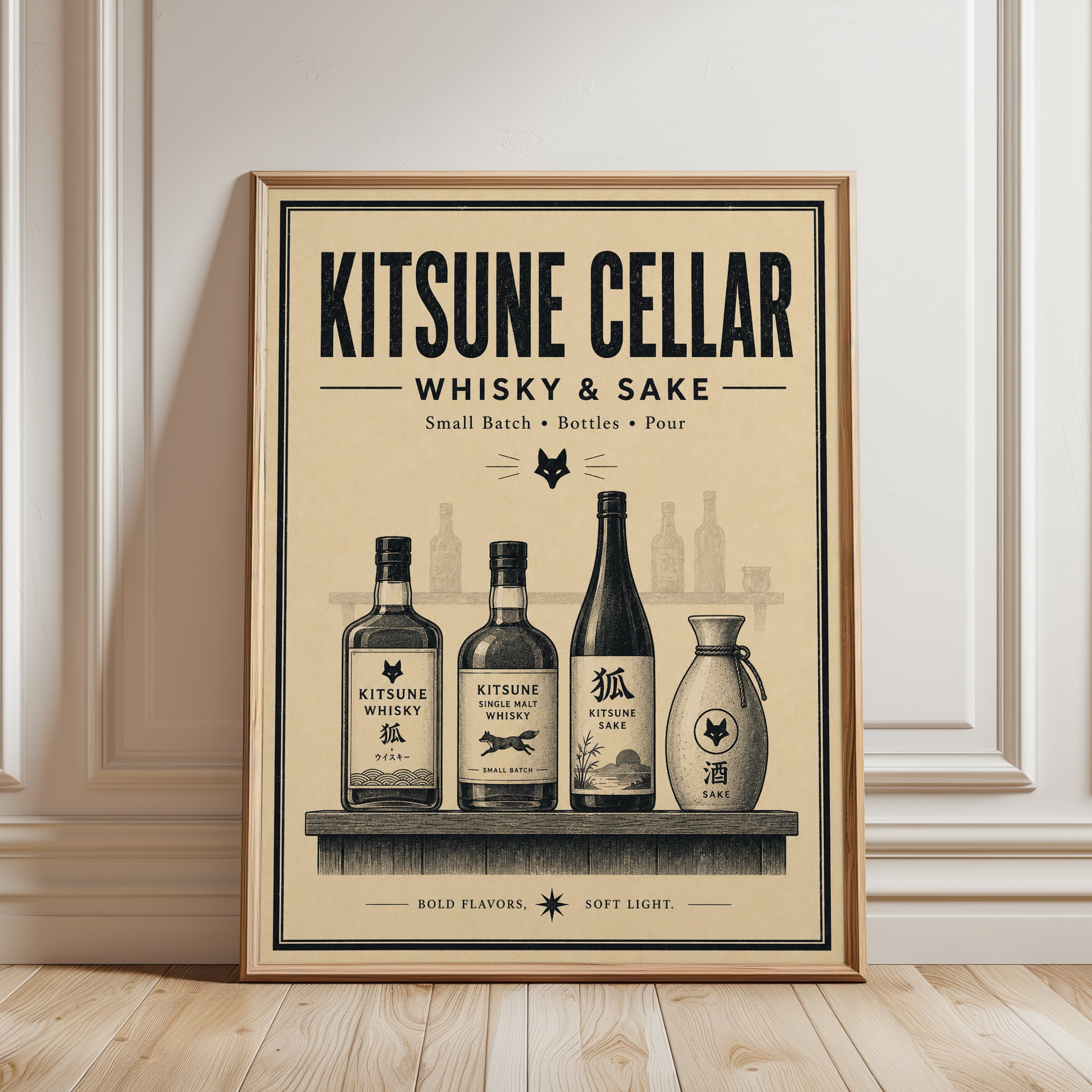 Kitsune Cellar Whisky & Sake Poster: Vintage Japanese Bar Art - framed detail