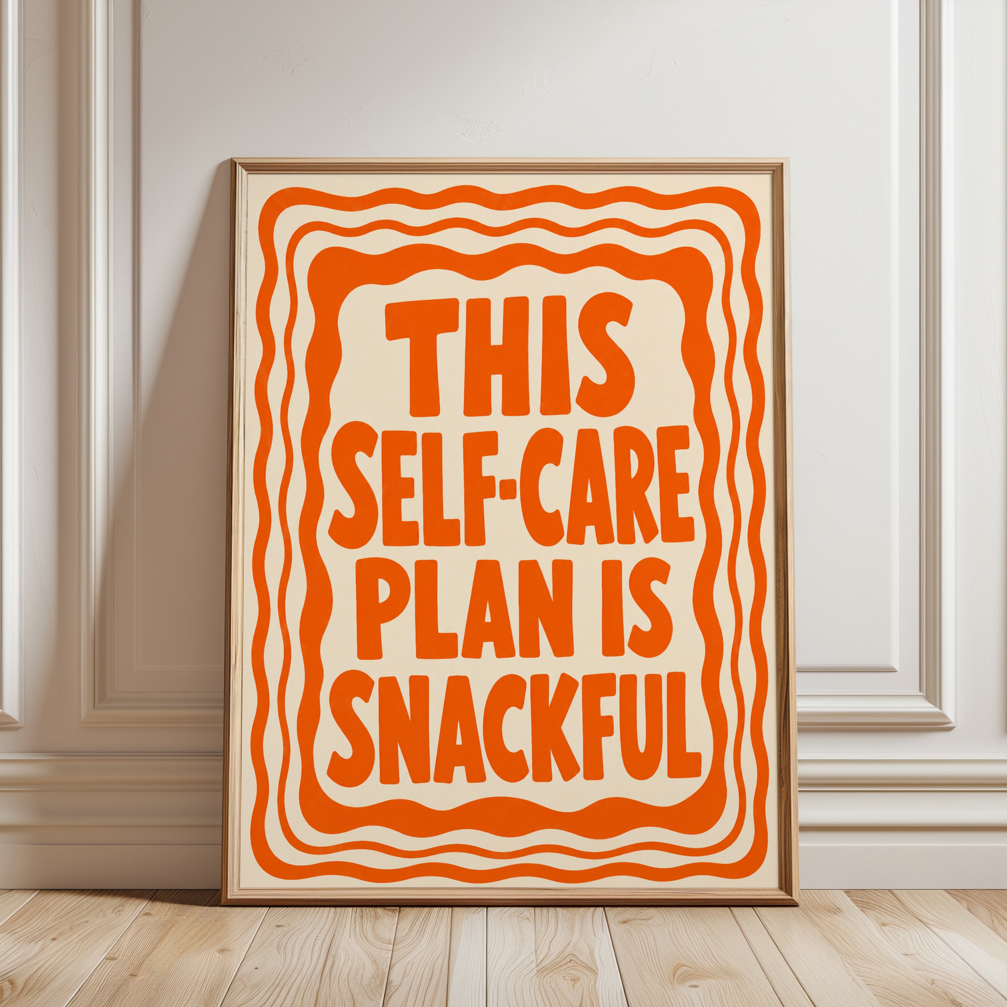 Self-Care Typography Print: Humorous Mental Health Art (Orange) - framed detail
