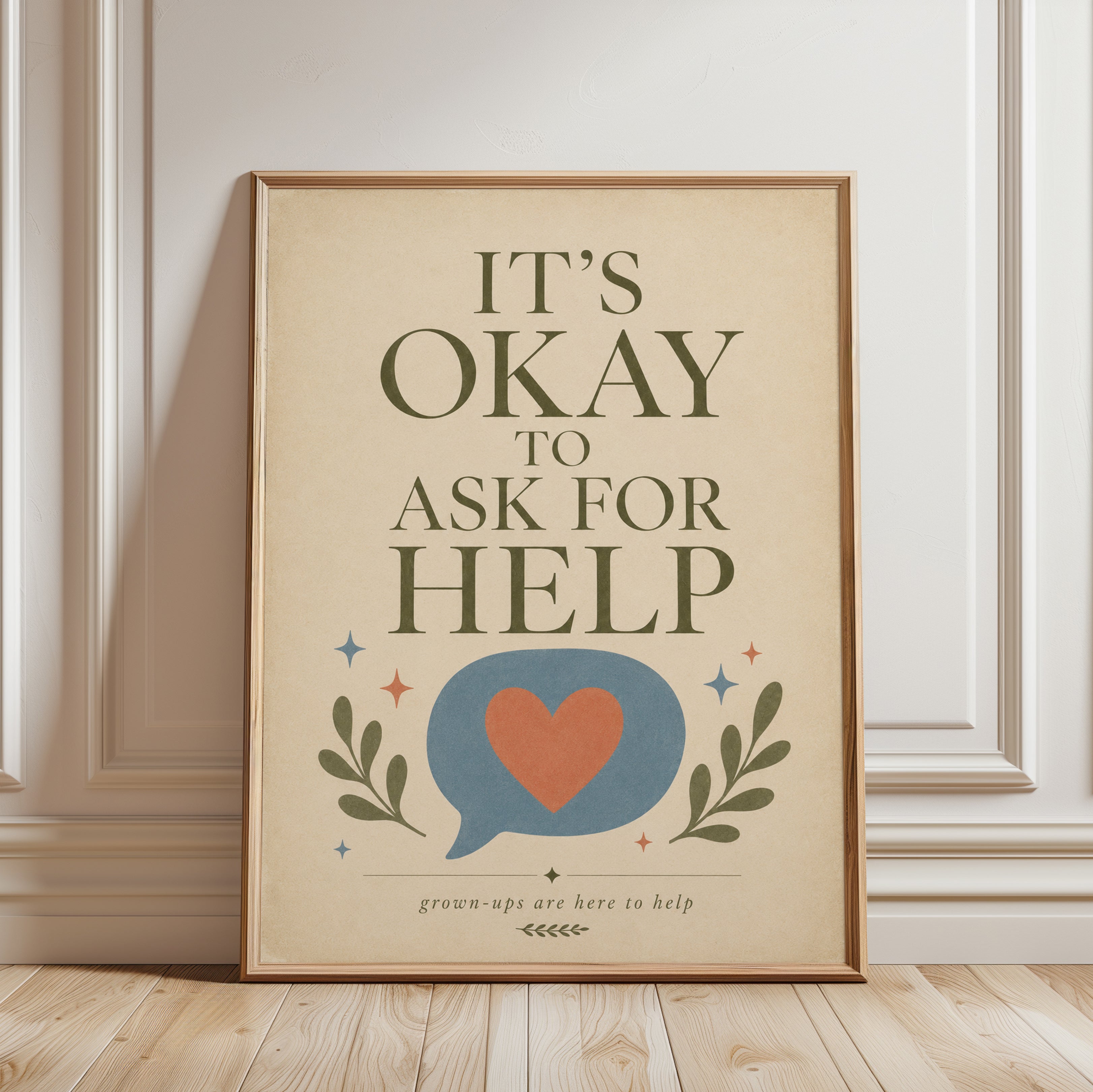 It's Okay to Ask for Help Typography Print: Retro Motivational Art - framed detail
