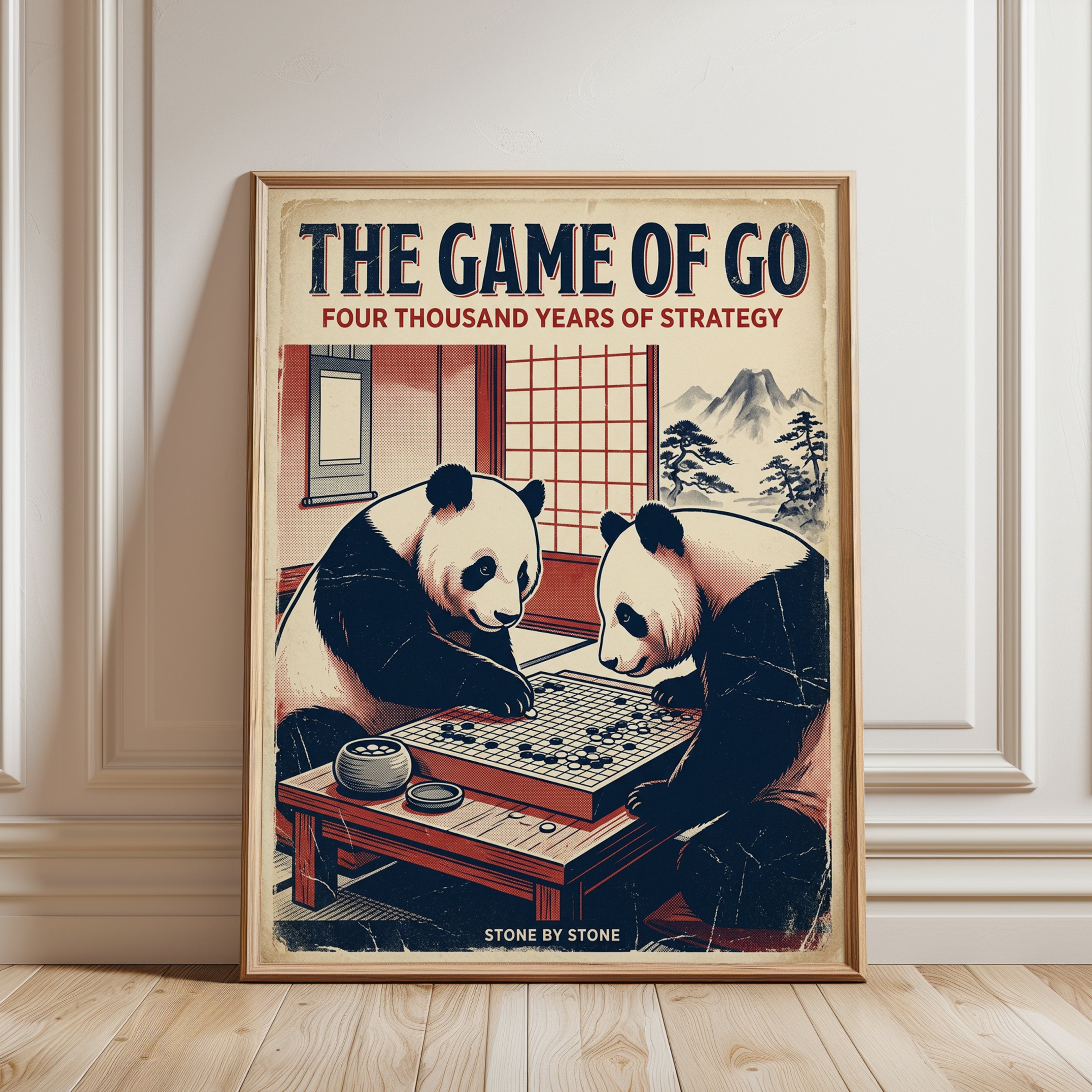 Pandas Playing Go Poster: Vintage Japanese Game Illustration - framed detail