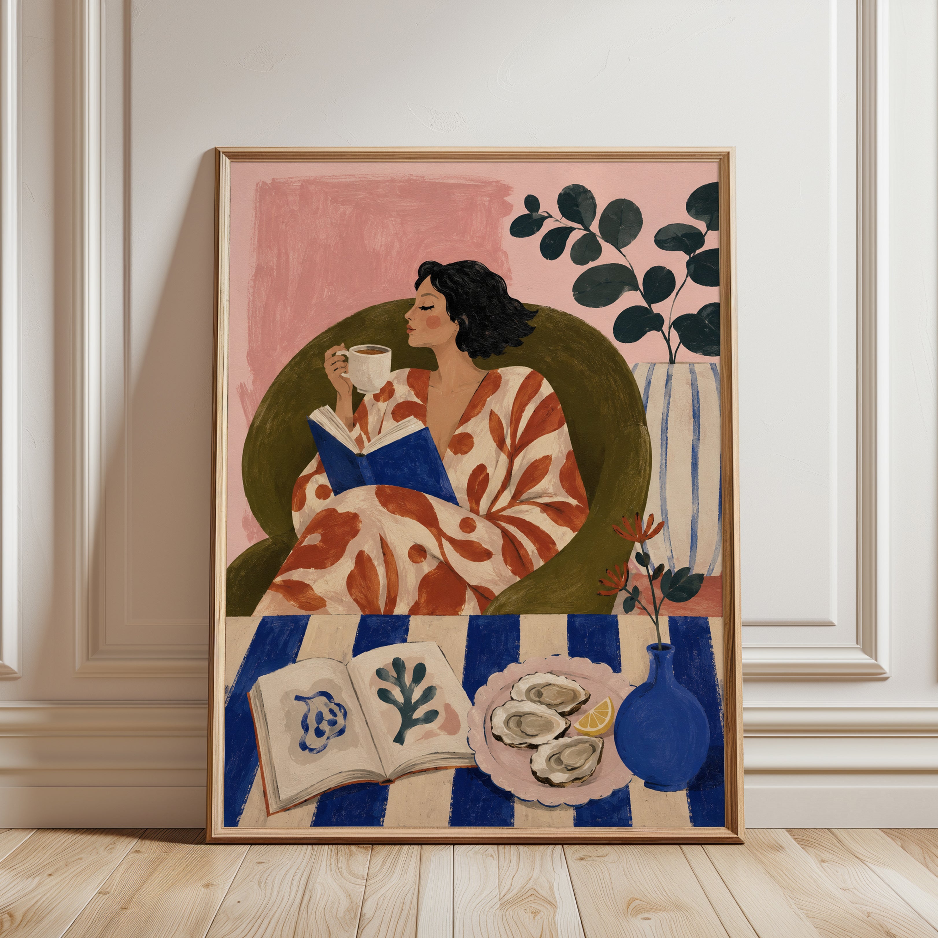 Woman Reading Wall Art – Coffee and Book Print - framed detail