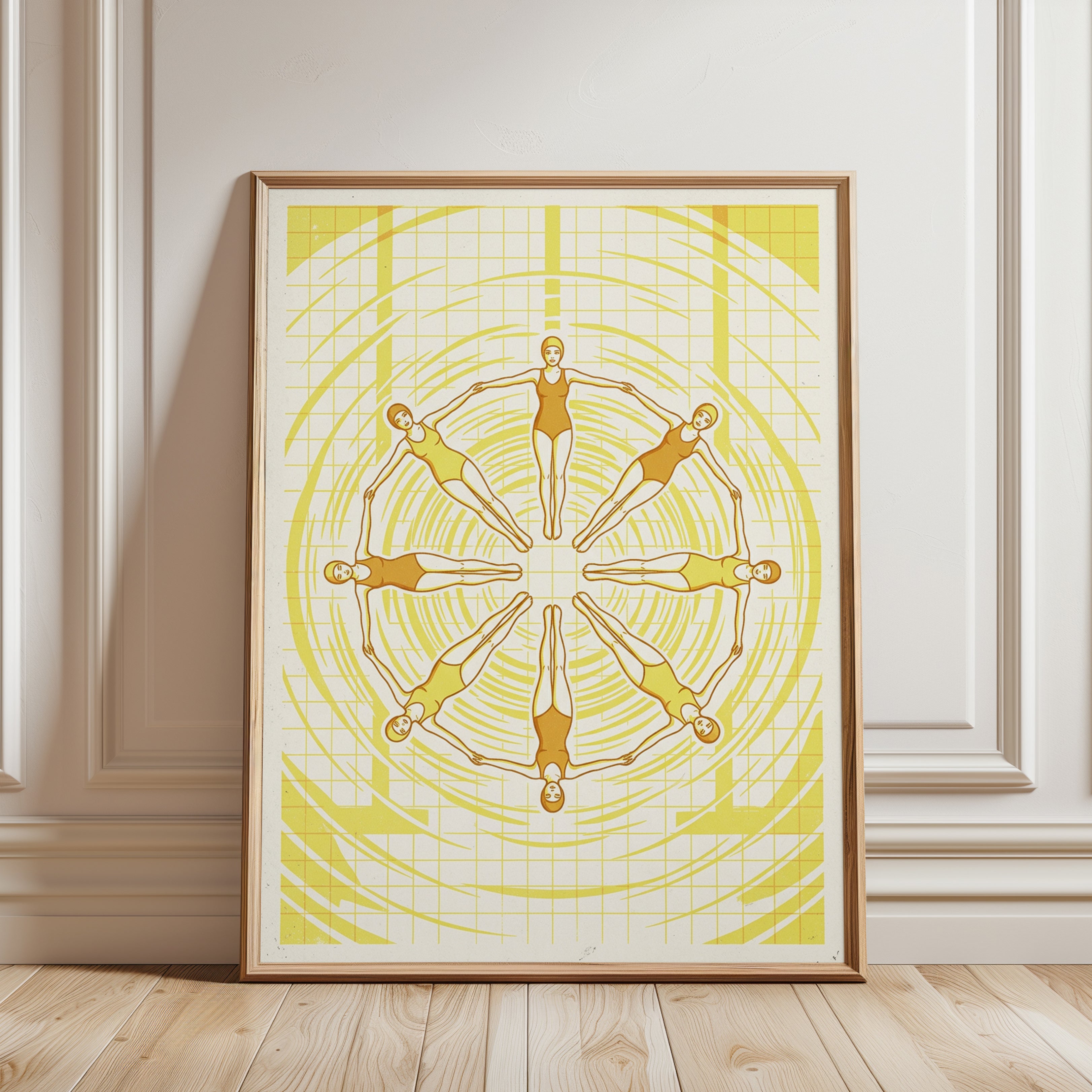 Synchronized Swimmers Mandala: Art Deco Yellow Geometric Print - framed detail