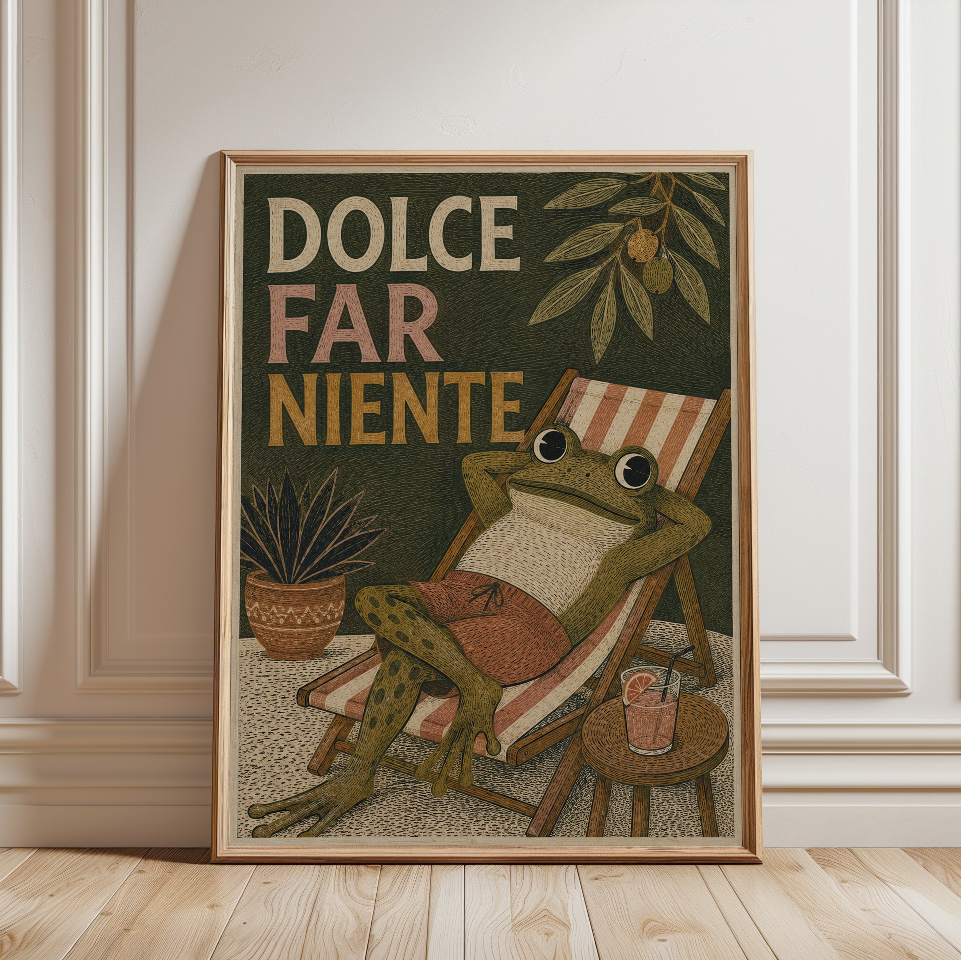 Vintage Frog Poster – Dolce Far Niente Retro Art - framed detail