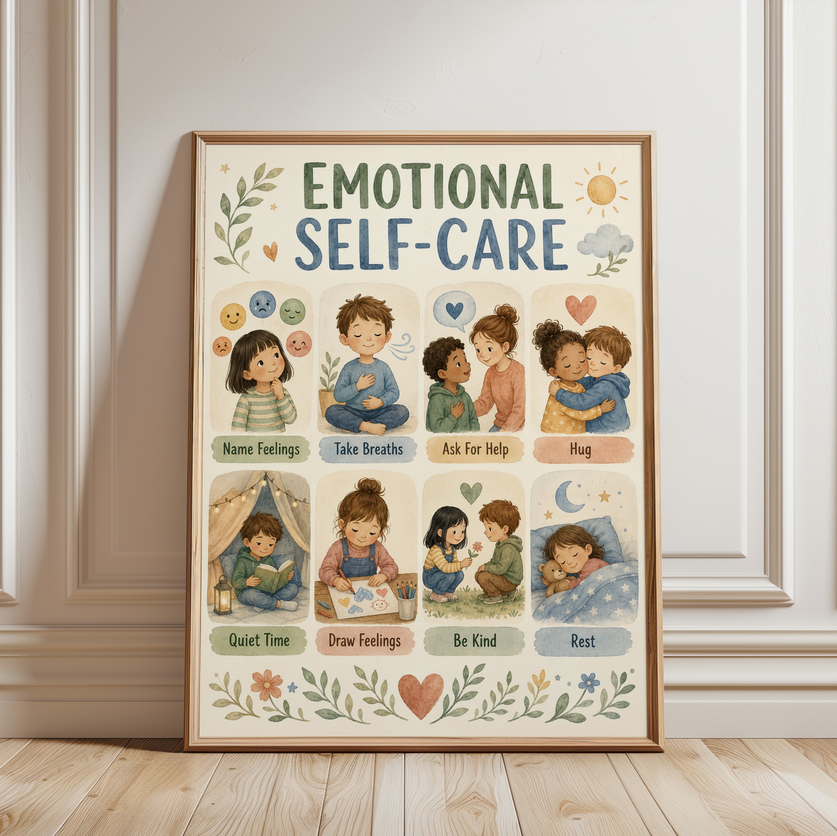 Kids Emotional Self-Care Chart: Educational Wall Art - framed detail