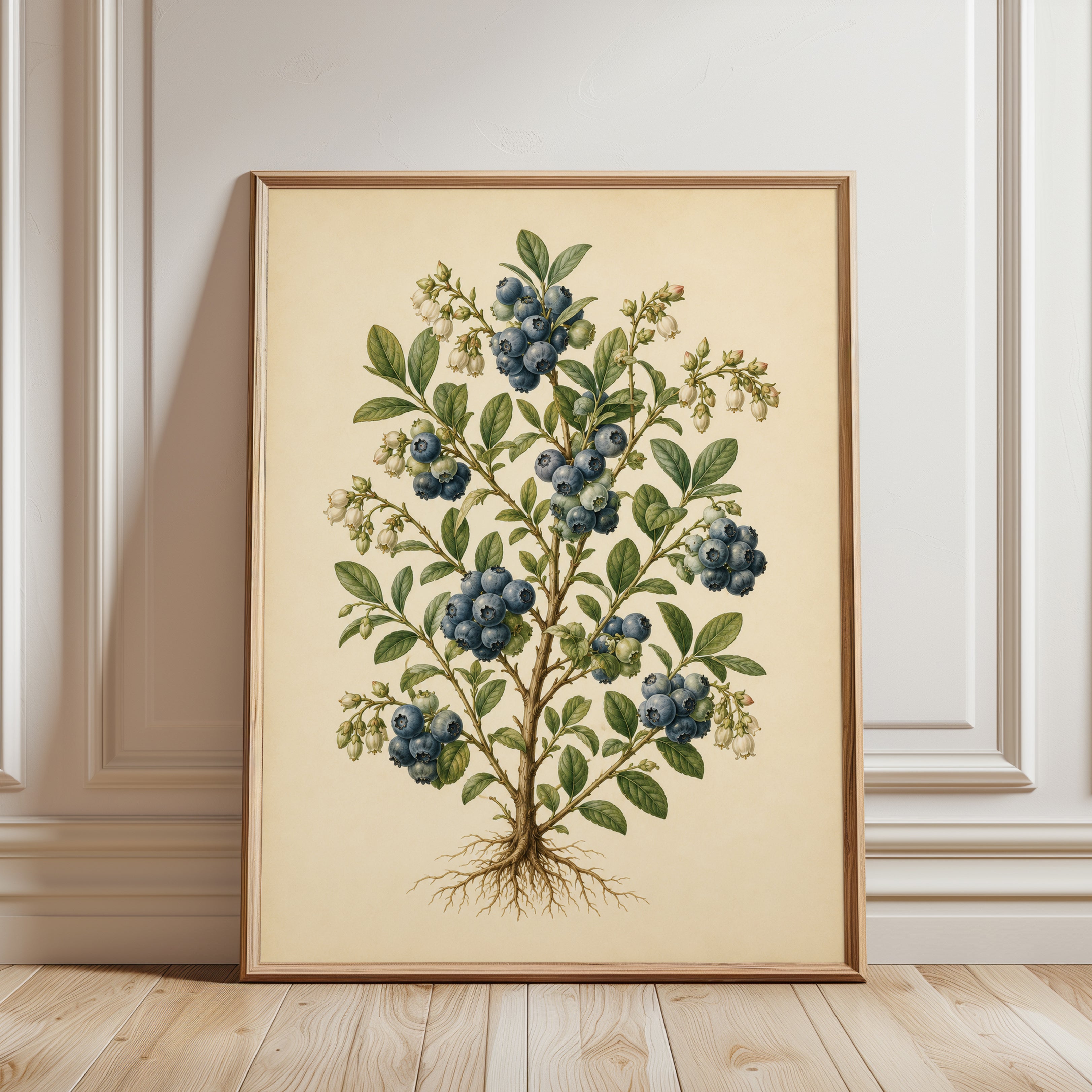 Blueberry Botanical Print — Vintage Hand-Painted Illustration - framed detail