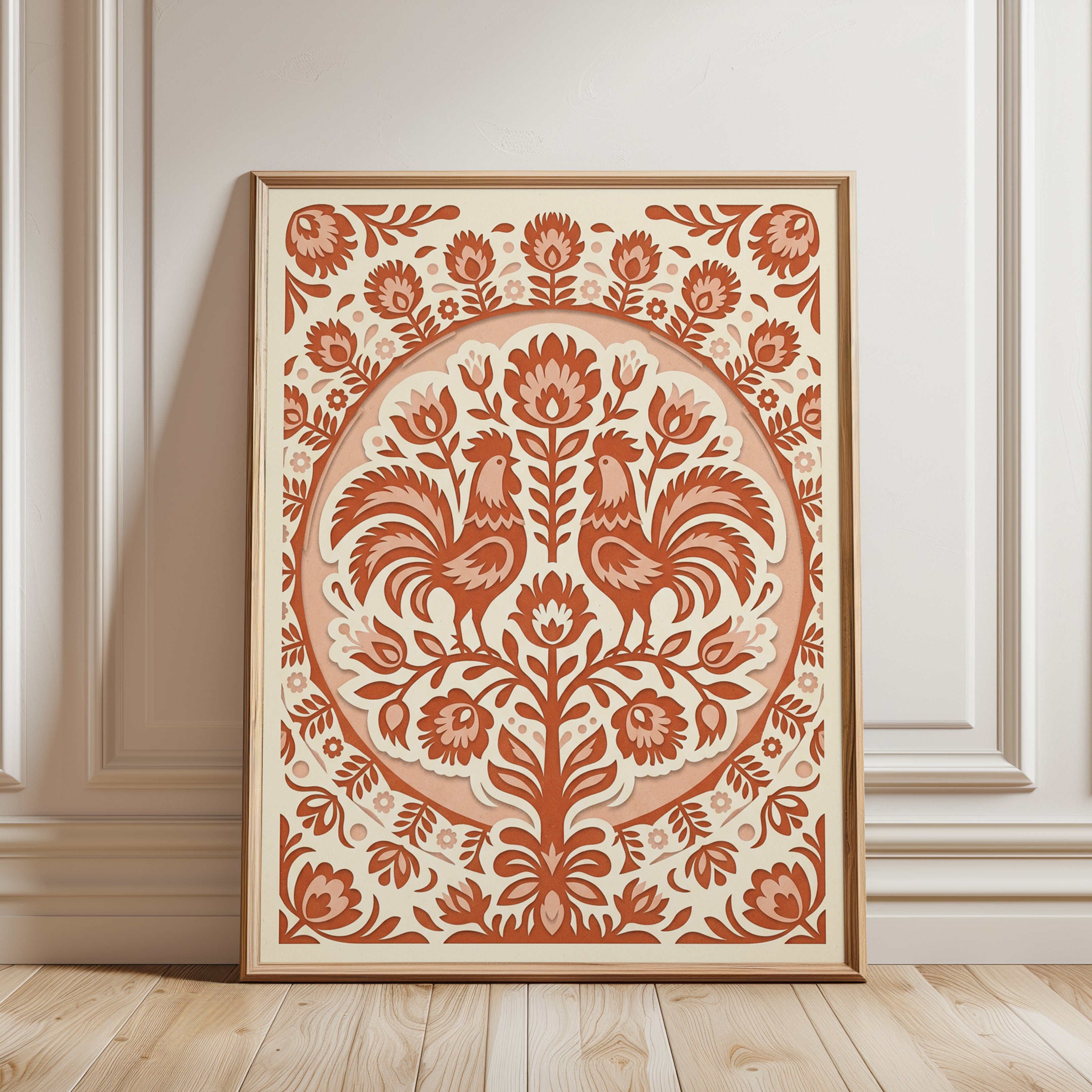 Folk Art Rooster Print: Symmetrical Terracotta Floral Design - framed detail