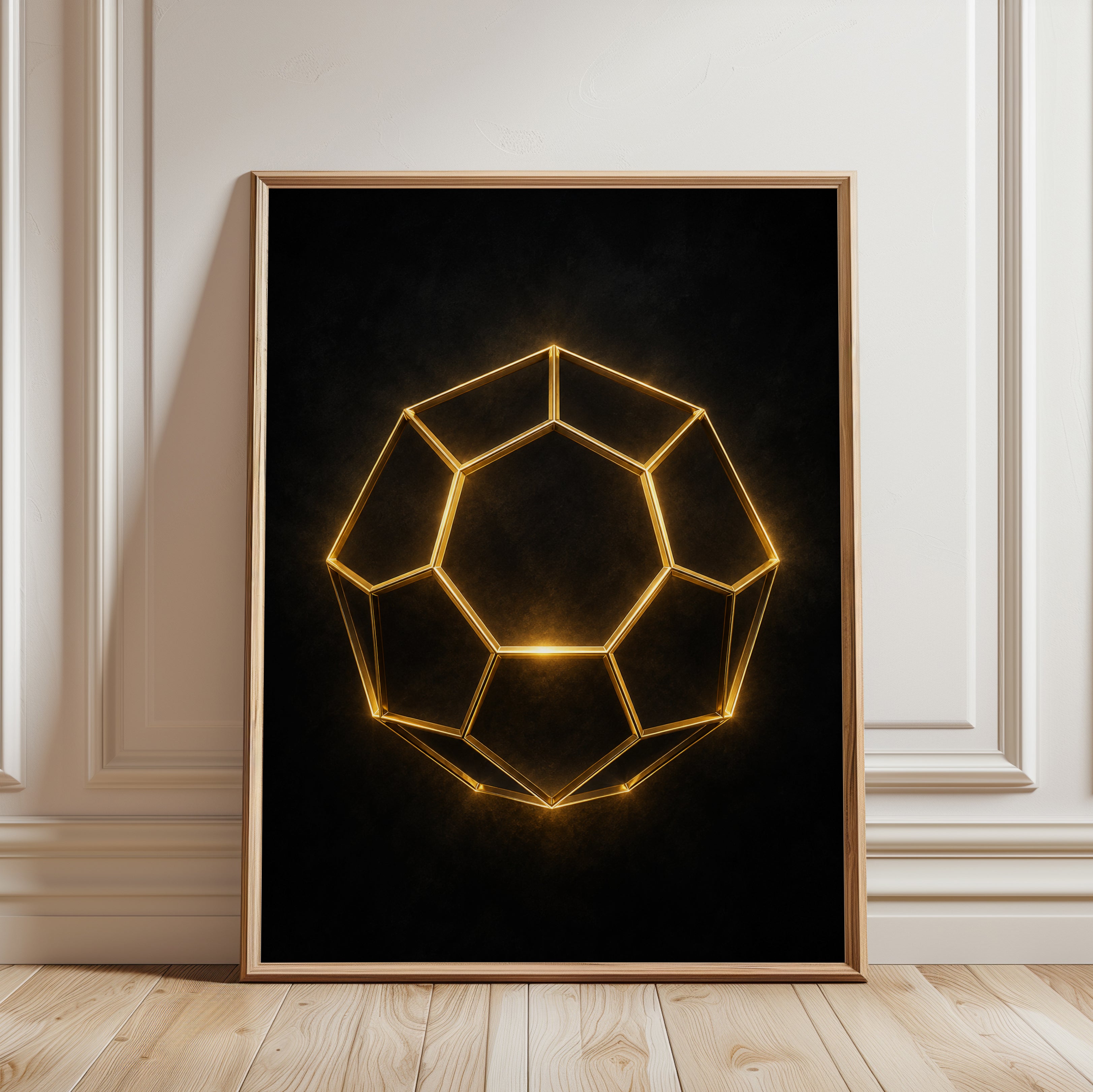 Golden Geometric Dodecahedron Wall Art: Neon Light Design - framed detail