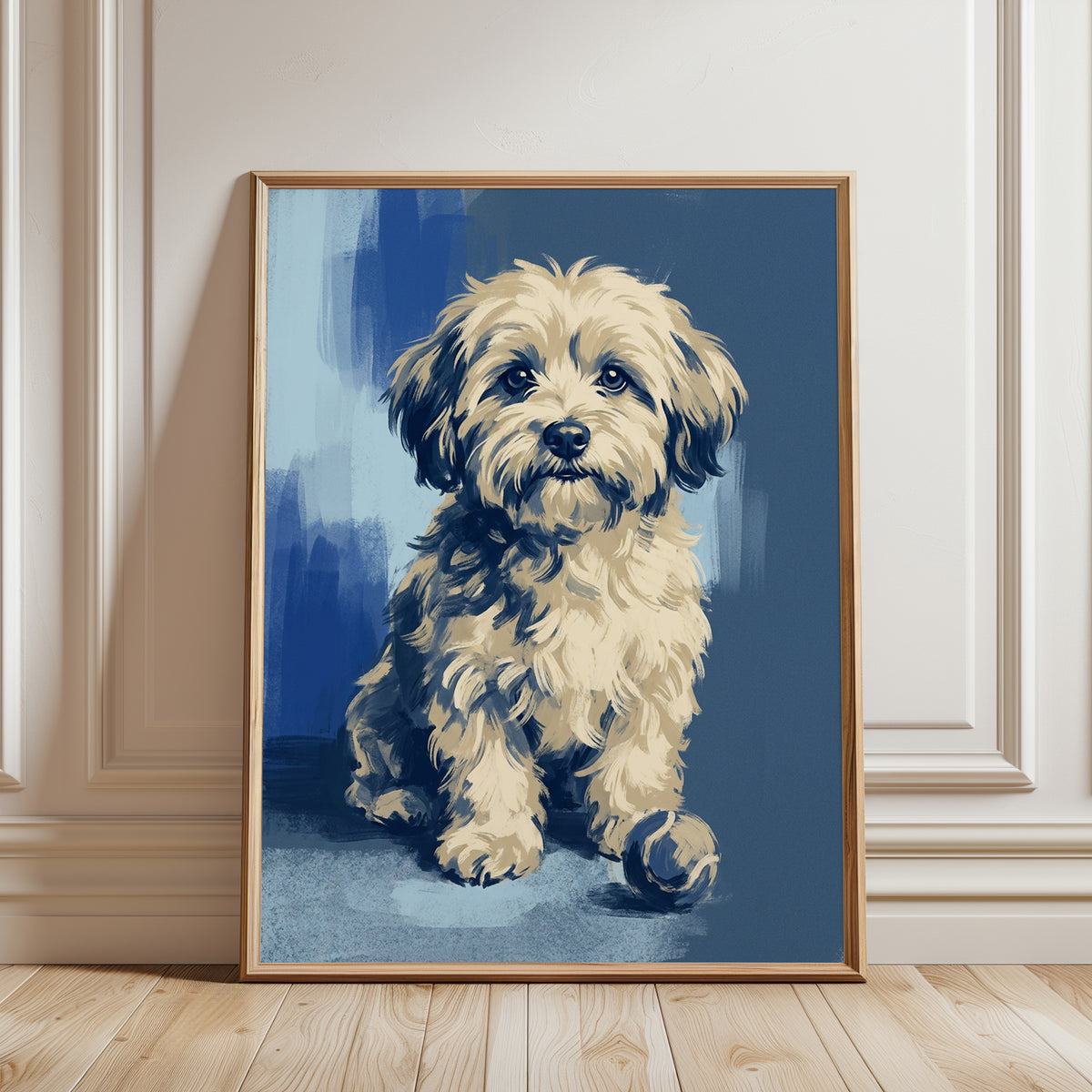Fluffy Puppy Dog Portrait Print – Cream Fur - framed detail