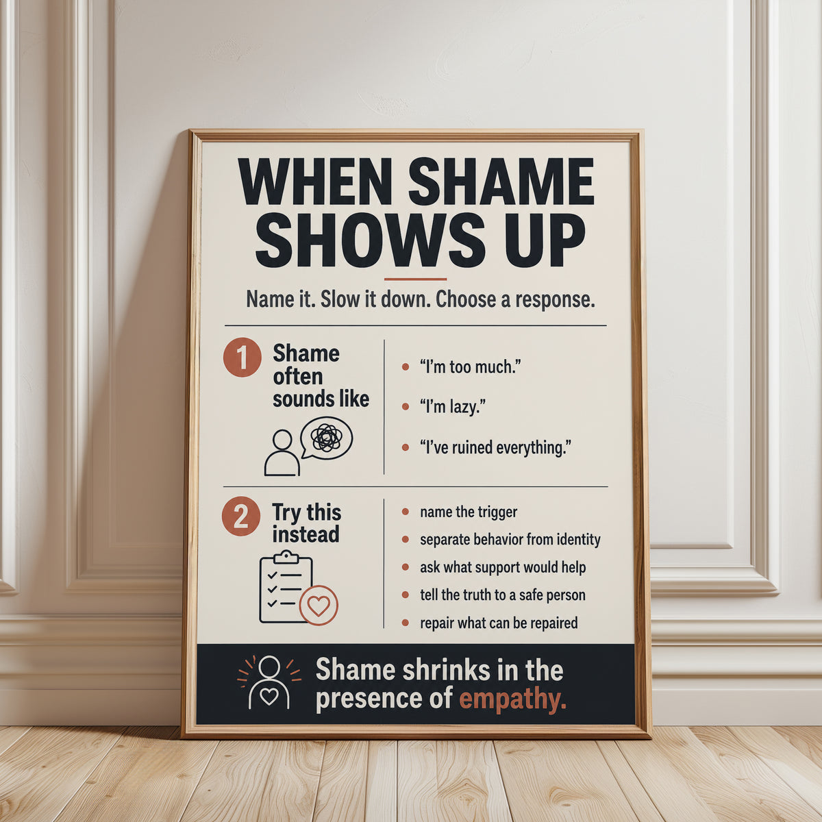 When Shame Shows Up Poster: Mental Health Therapy Wall Art - framed detail