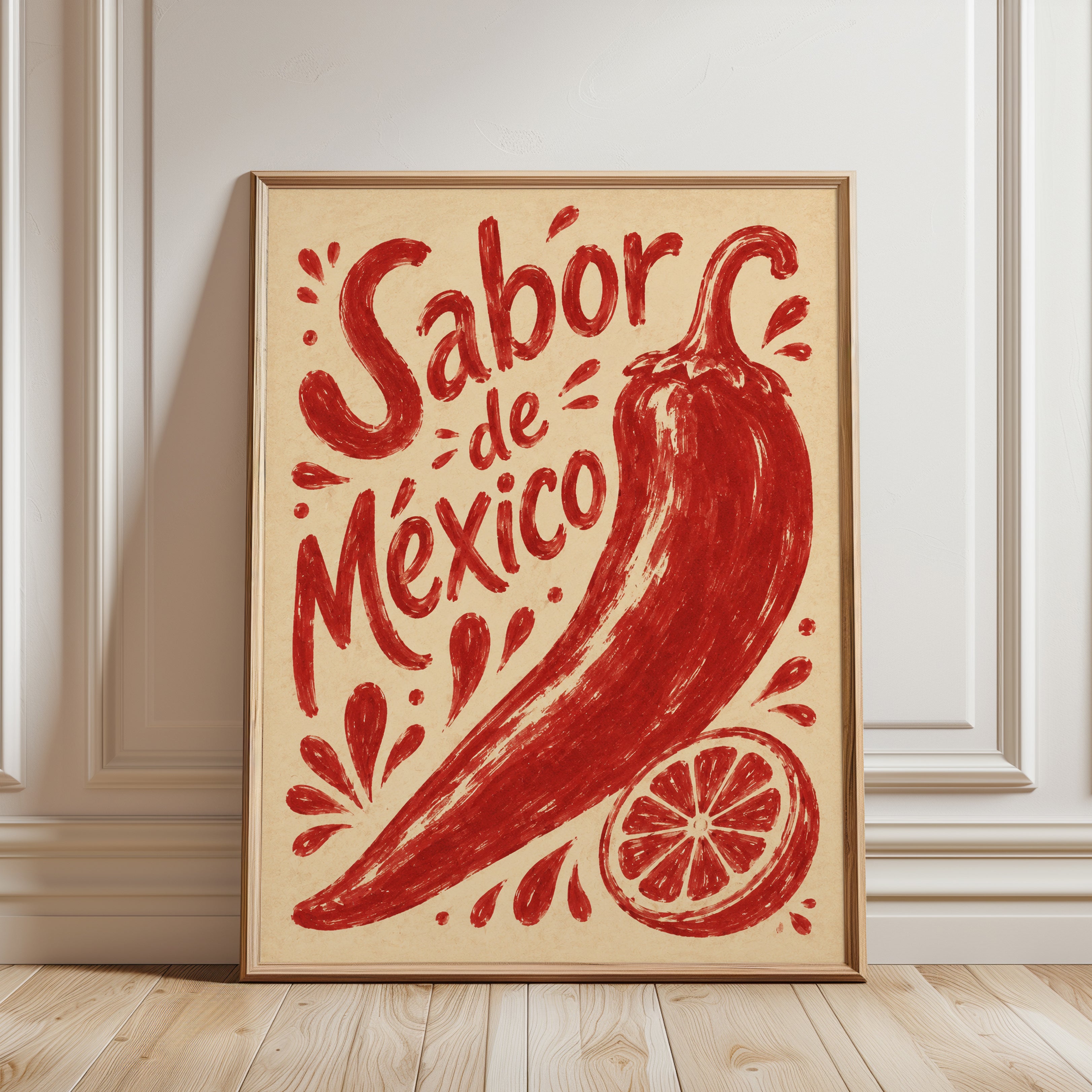 Sabor de Mexico Poster: Red Chili Pepper Folk Art Print - framed detail