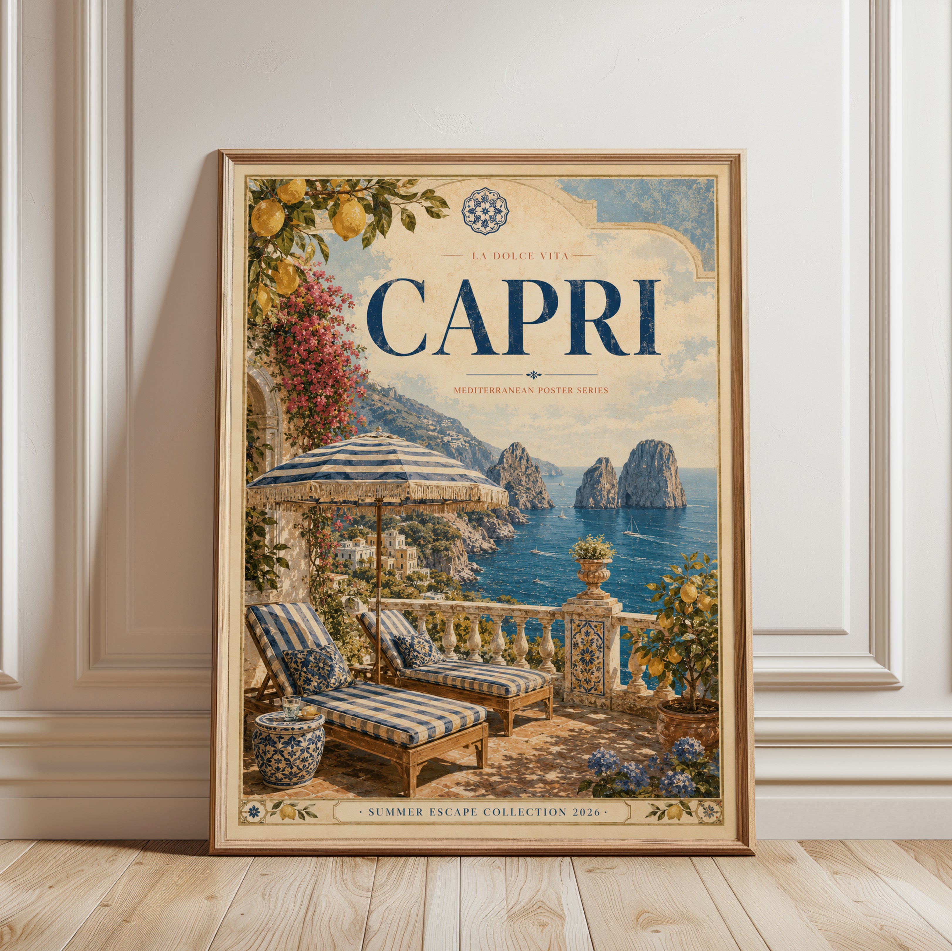 Capri Travel Poster Print — Vintage Mediterranean Coast - framed detail