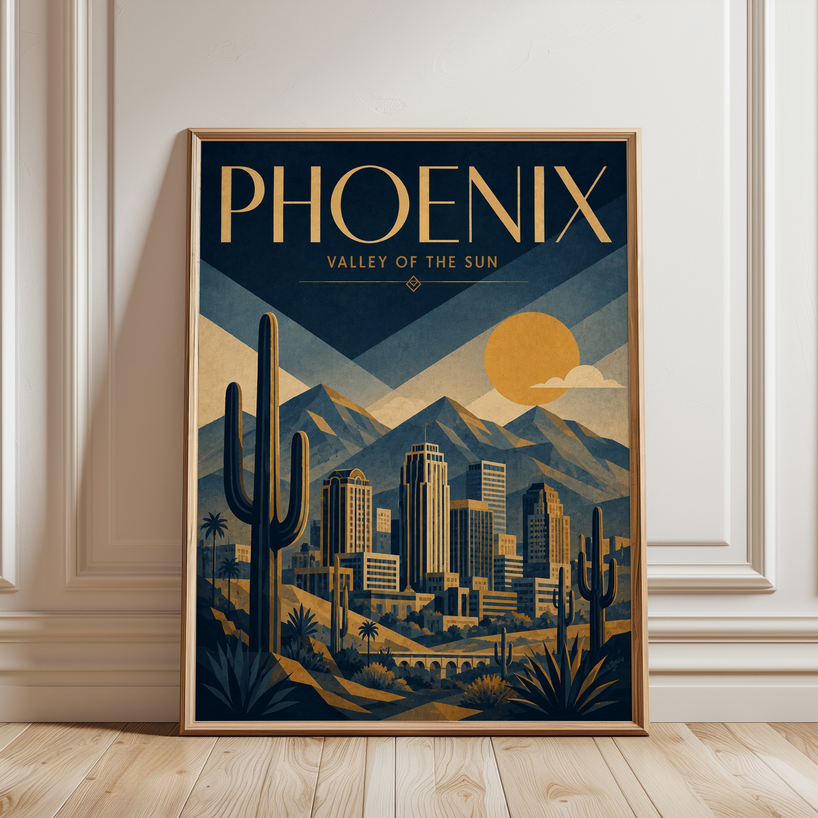Phoenix Travel Poster: Art Deco Desert Cityscape Wall Art - framed detail