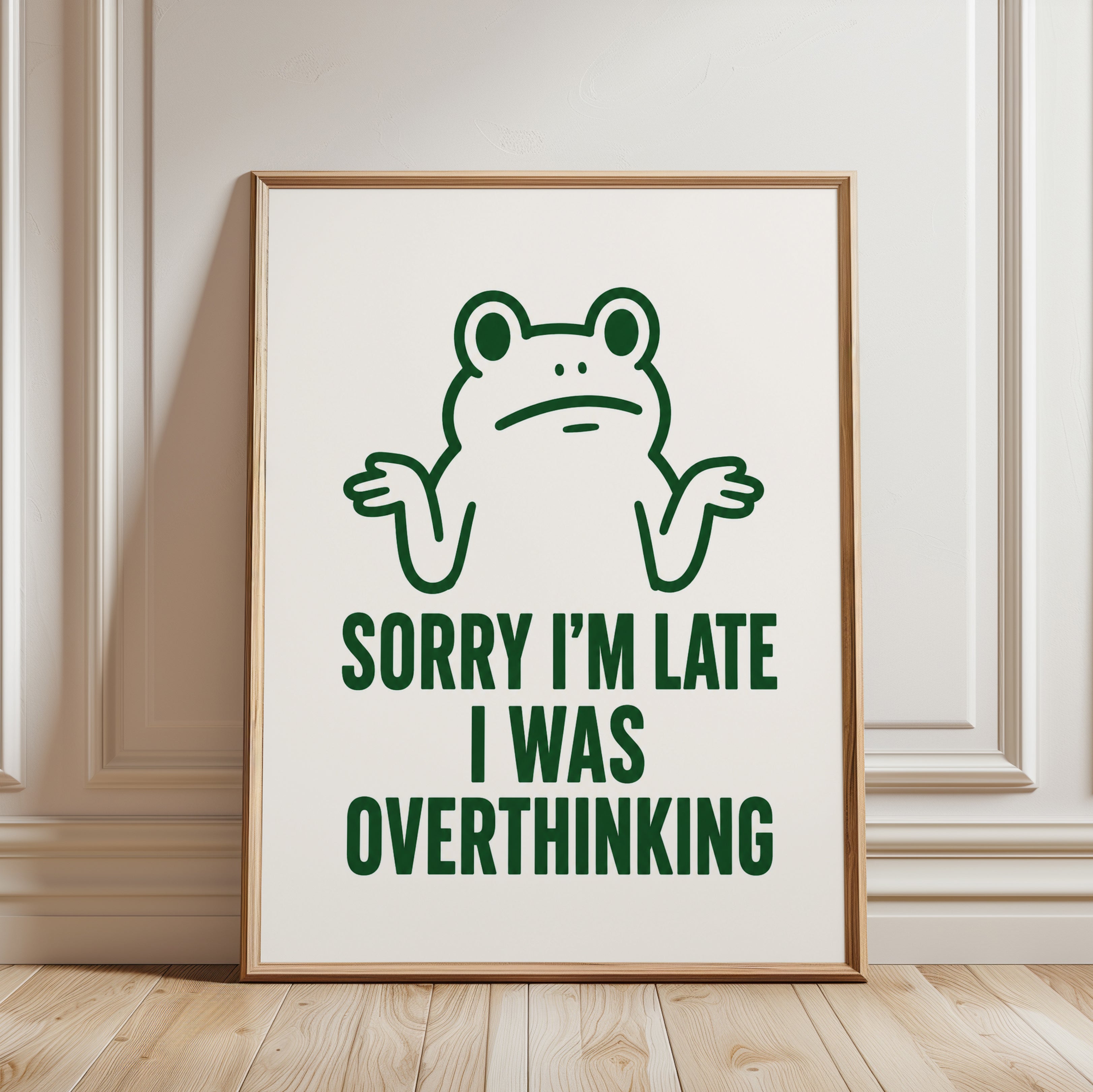 Sorry I'm Late Frog Print: Minimalist Green Humor Wall Art - framed detail