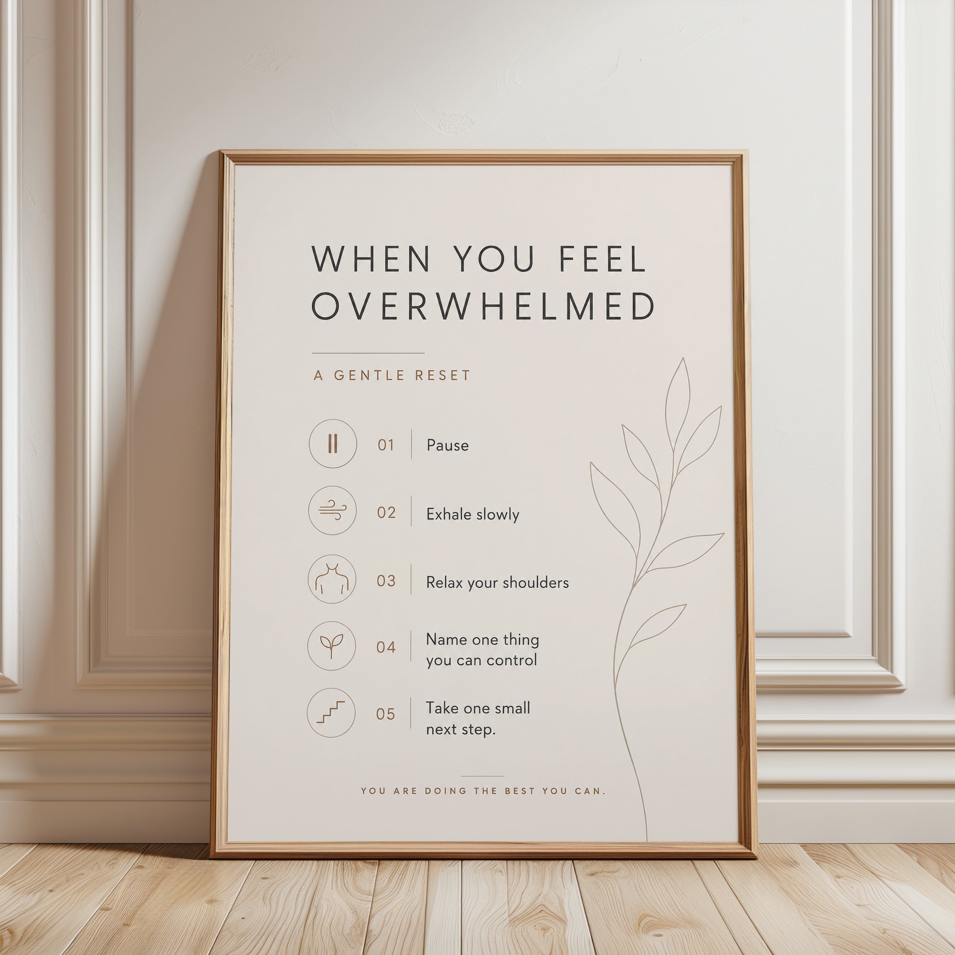 Calming Mindfulness Print: Overwhelm Guide with Botanical Art - framed detail
