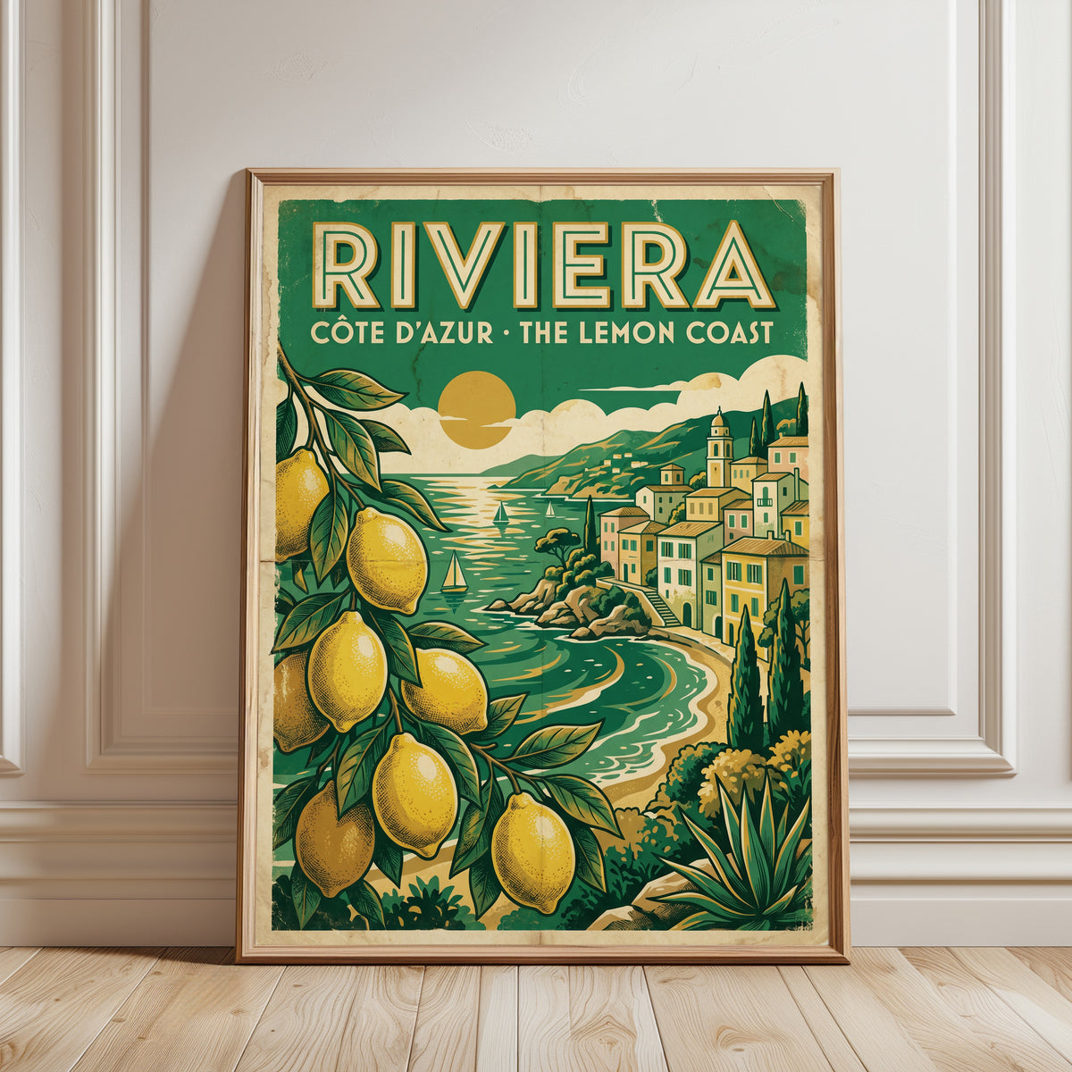 Vintage Riviera Travel Poster — Retro Côte d'Azur Lemon Coast - framed detail