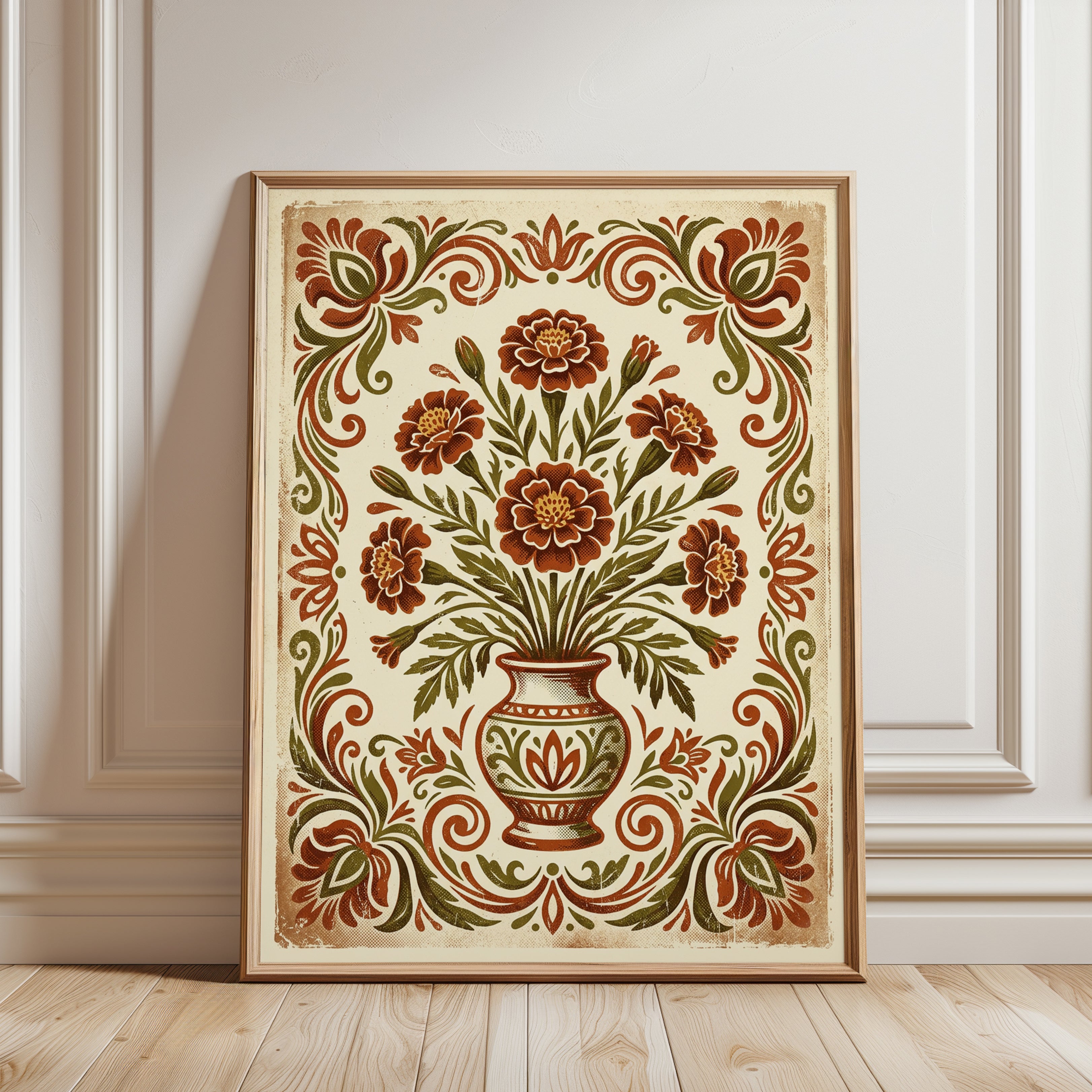 Folk Art Floral Vase Print — Vintage Hand-Painted Botanical - framed detail