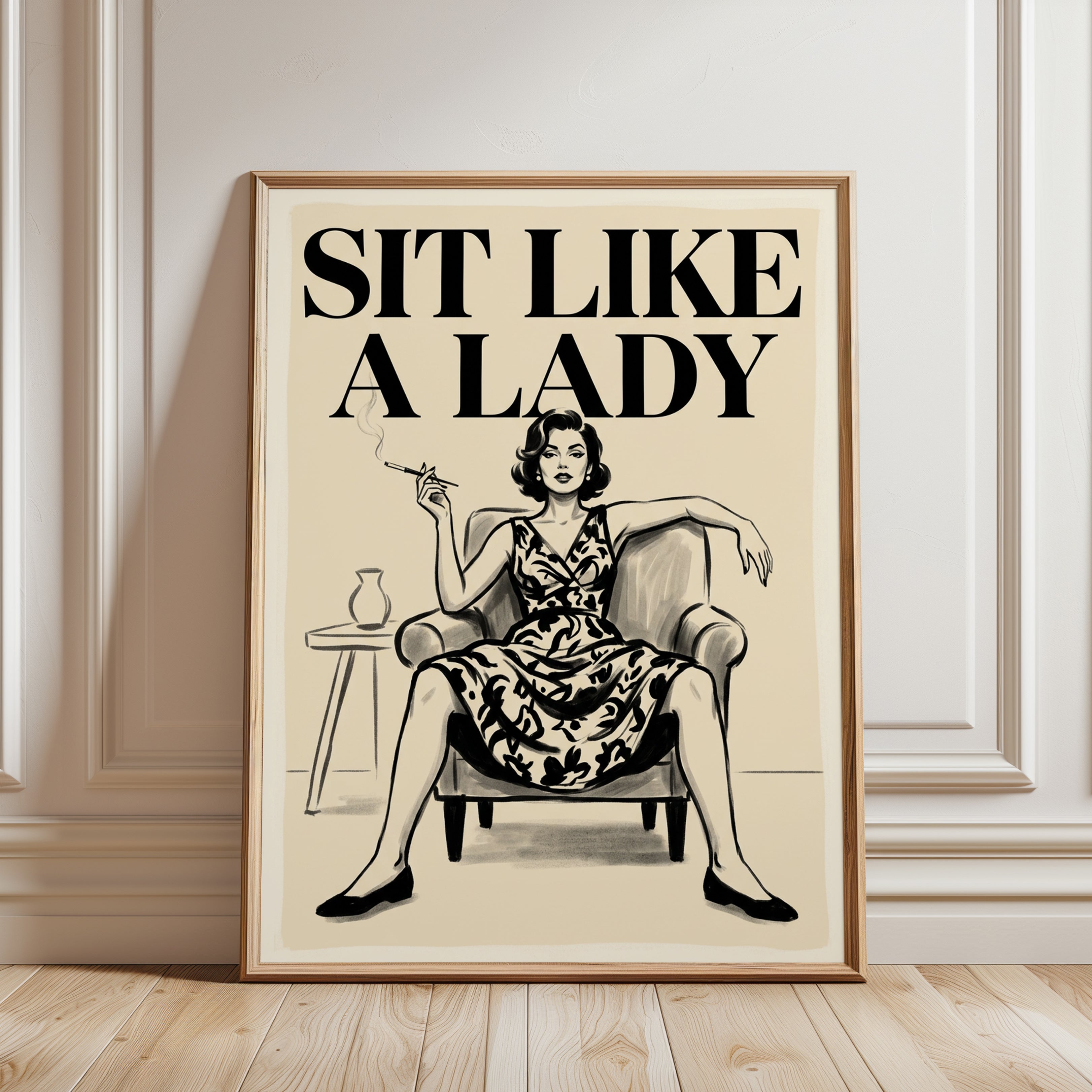 Sit Like a Lady Art Print: Retro Midcentury Woman Portrait - framed detail