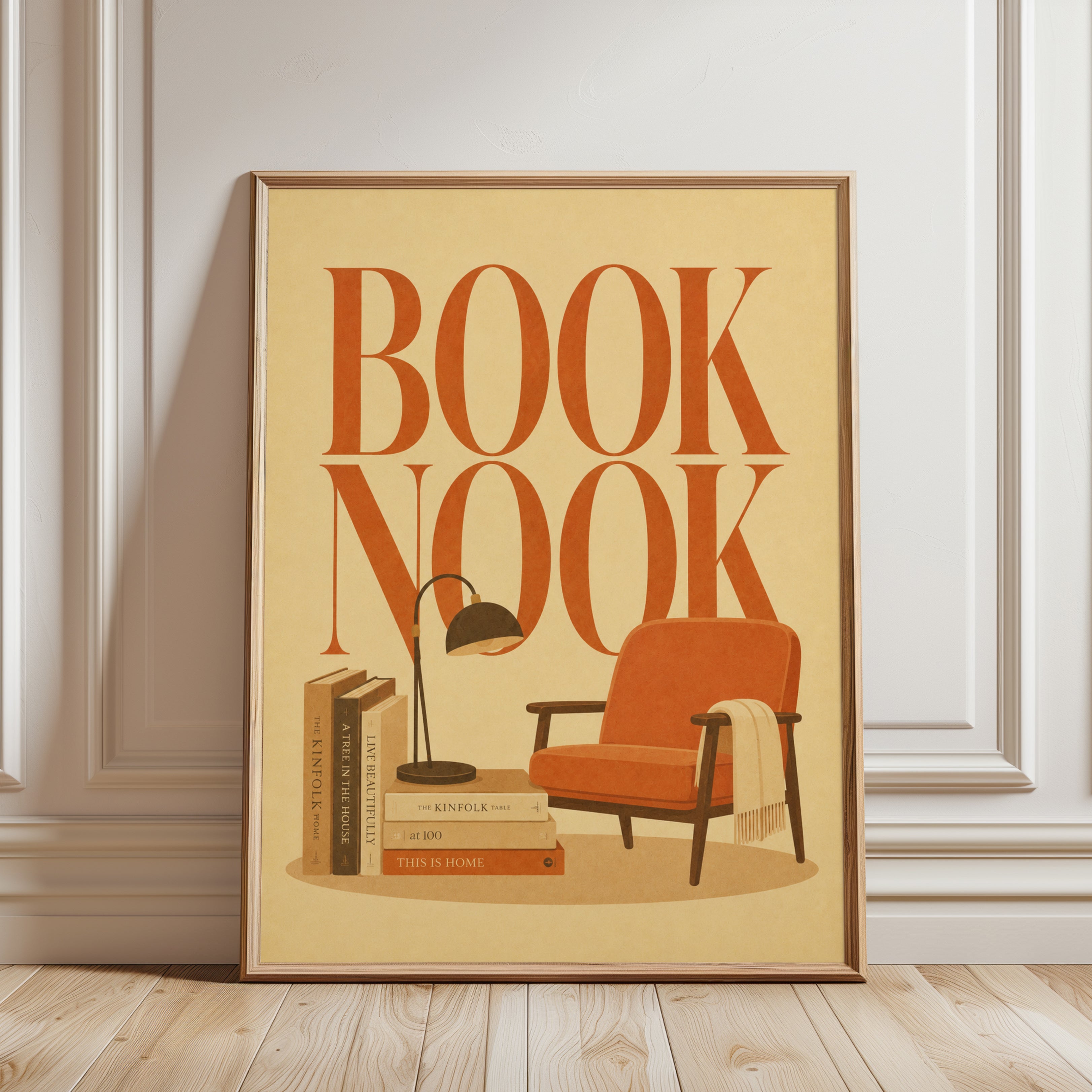 Book Nook Reading Corner Print: Mid-Century Modern Orange Design - framed detail
