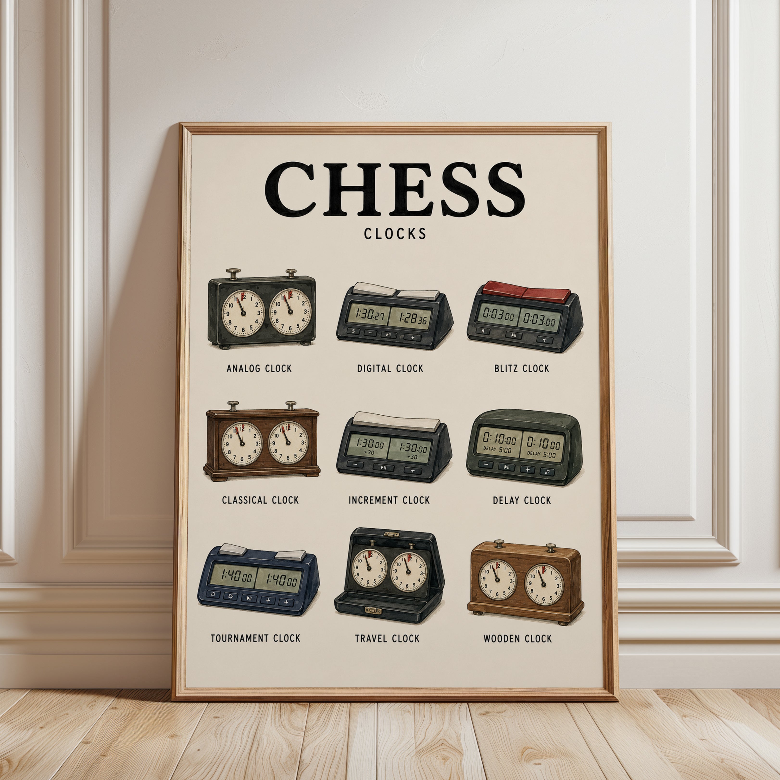 Chess Clocks Art Print: Vintage Game Timer Collection Poster - framed detail