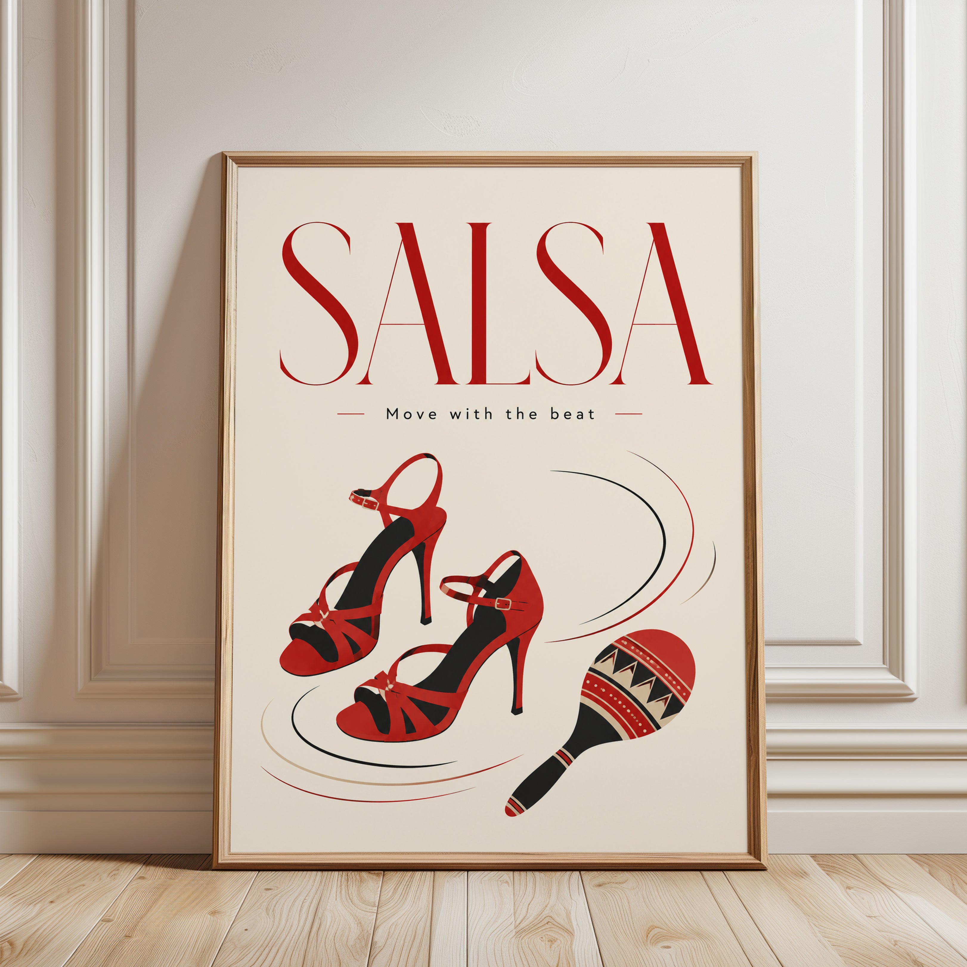 Salsa Dance Wall Art – Red Heels Maraca Print - framed detail