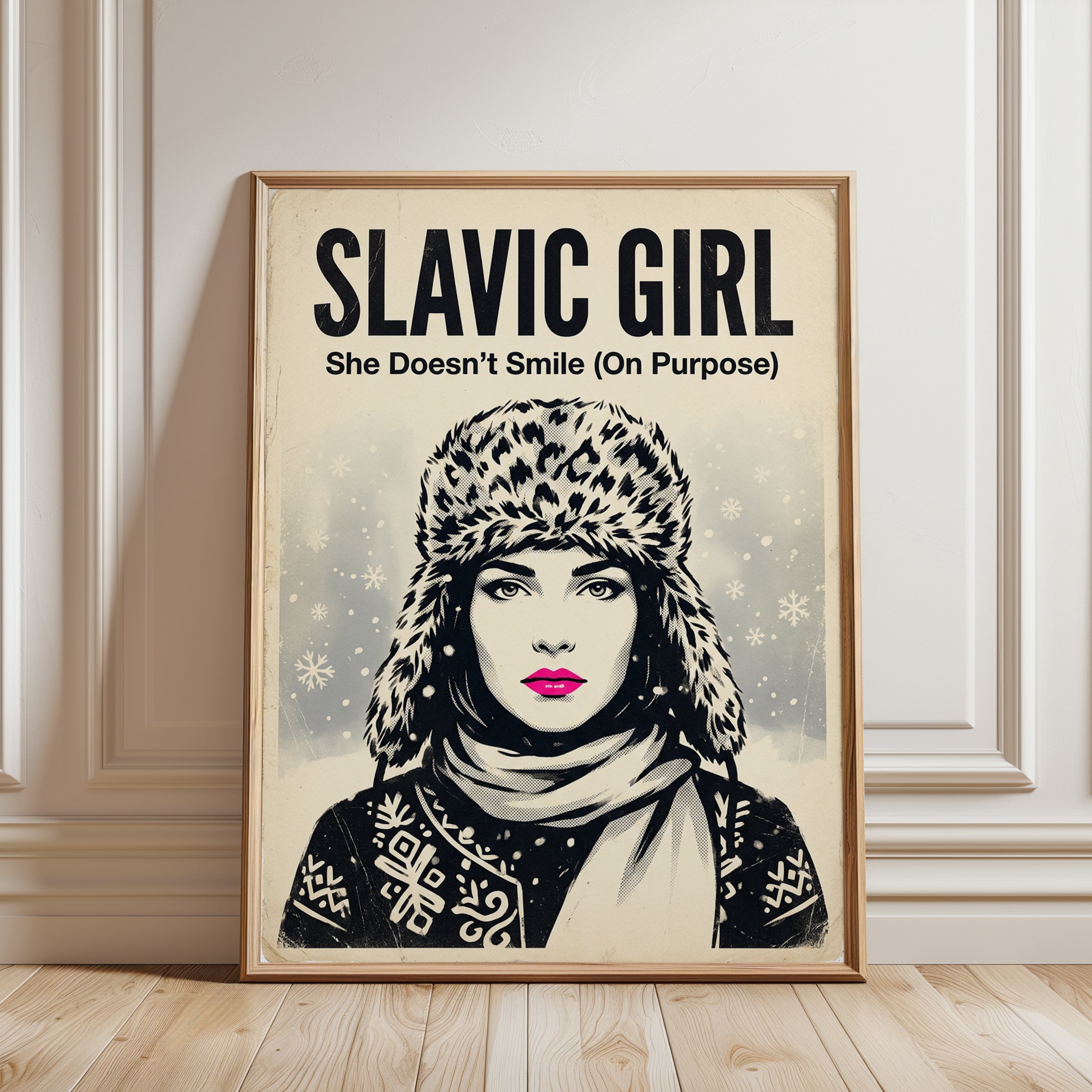 Slavic Girl Winter Portrait: Vintage Propaganda Style Art Print - framed detail