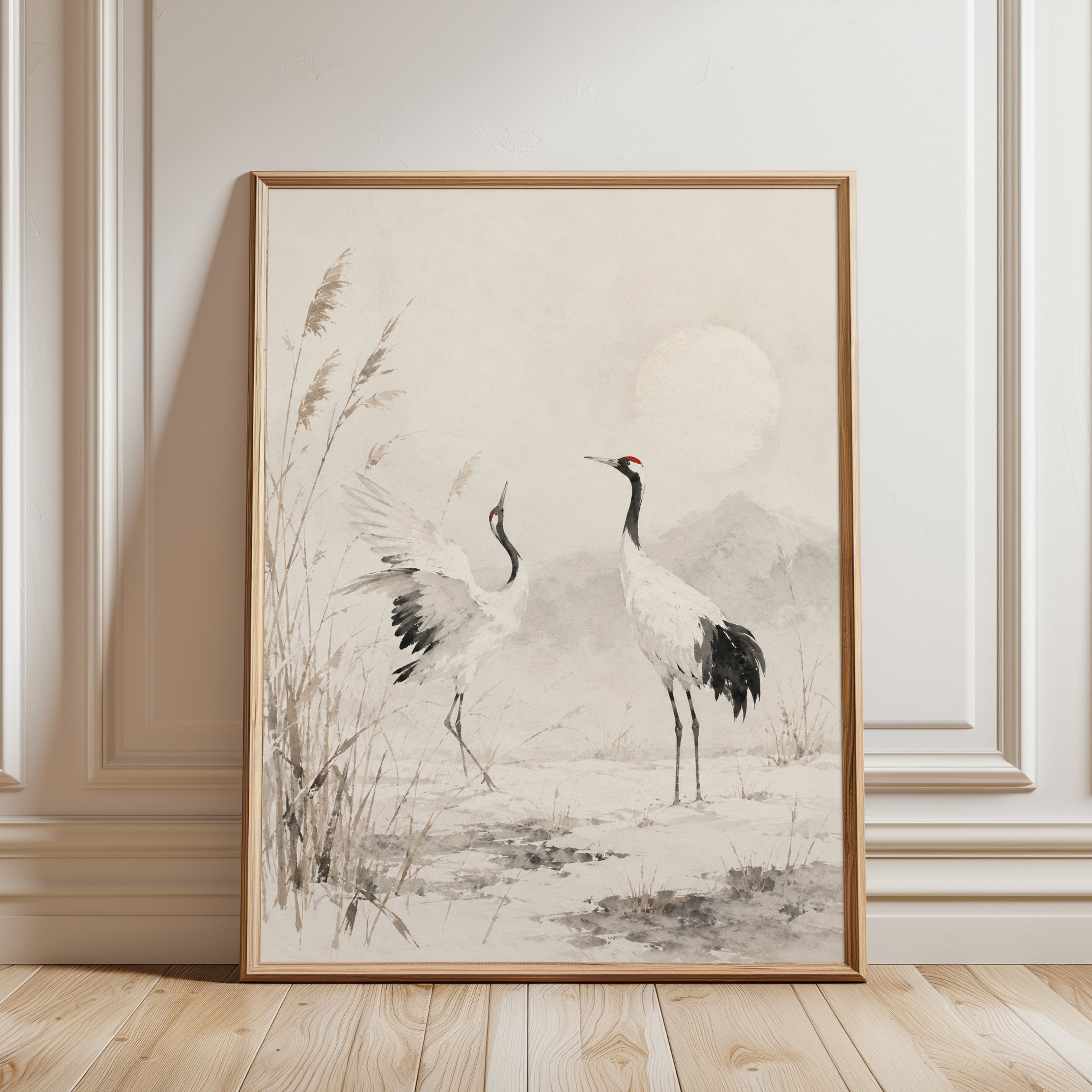 Japanese Crane Print – Oriental Bird Wall Art - framed detail