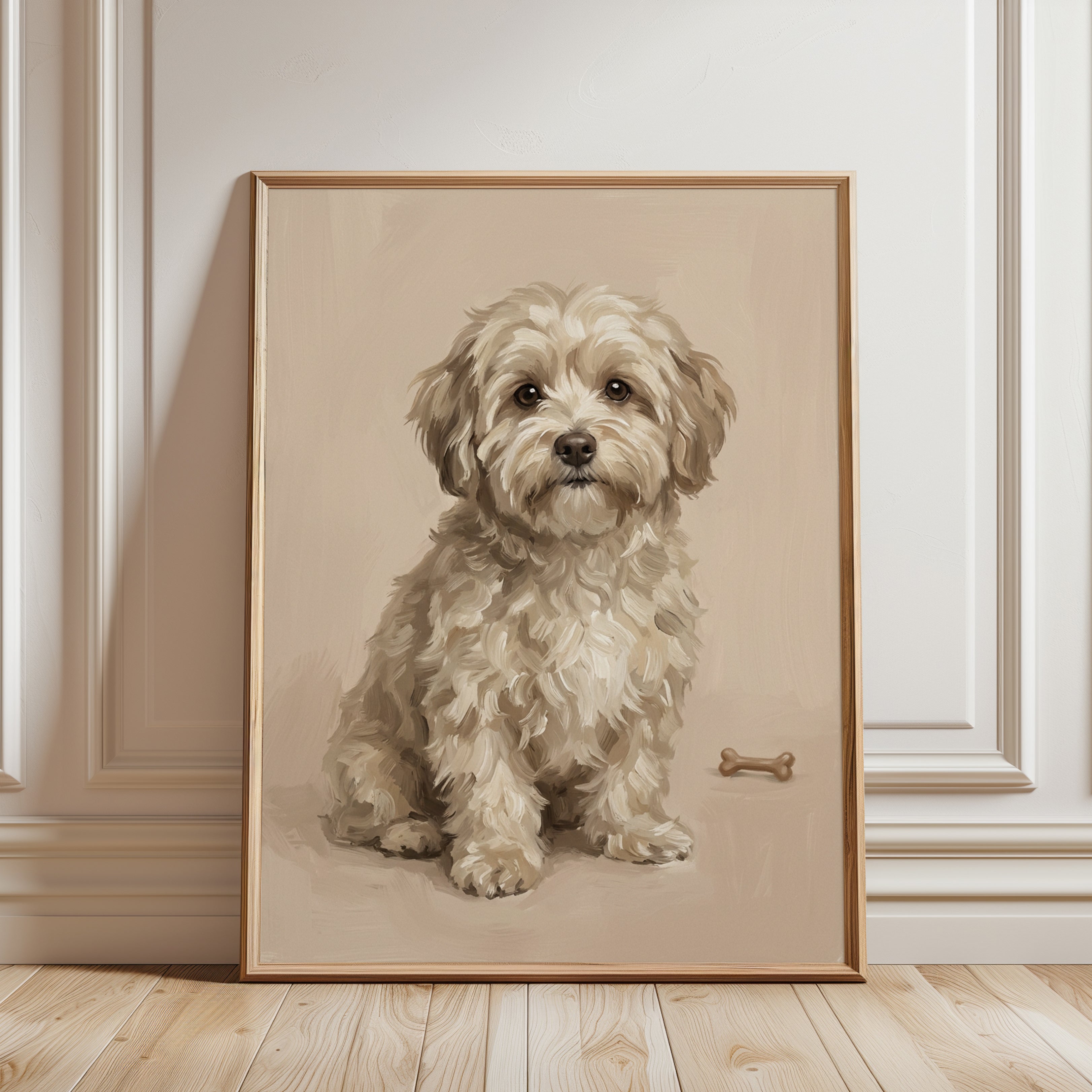 Fluffy Terrier Dog Portrait: Neutral Tone Wall Art - framed detail