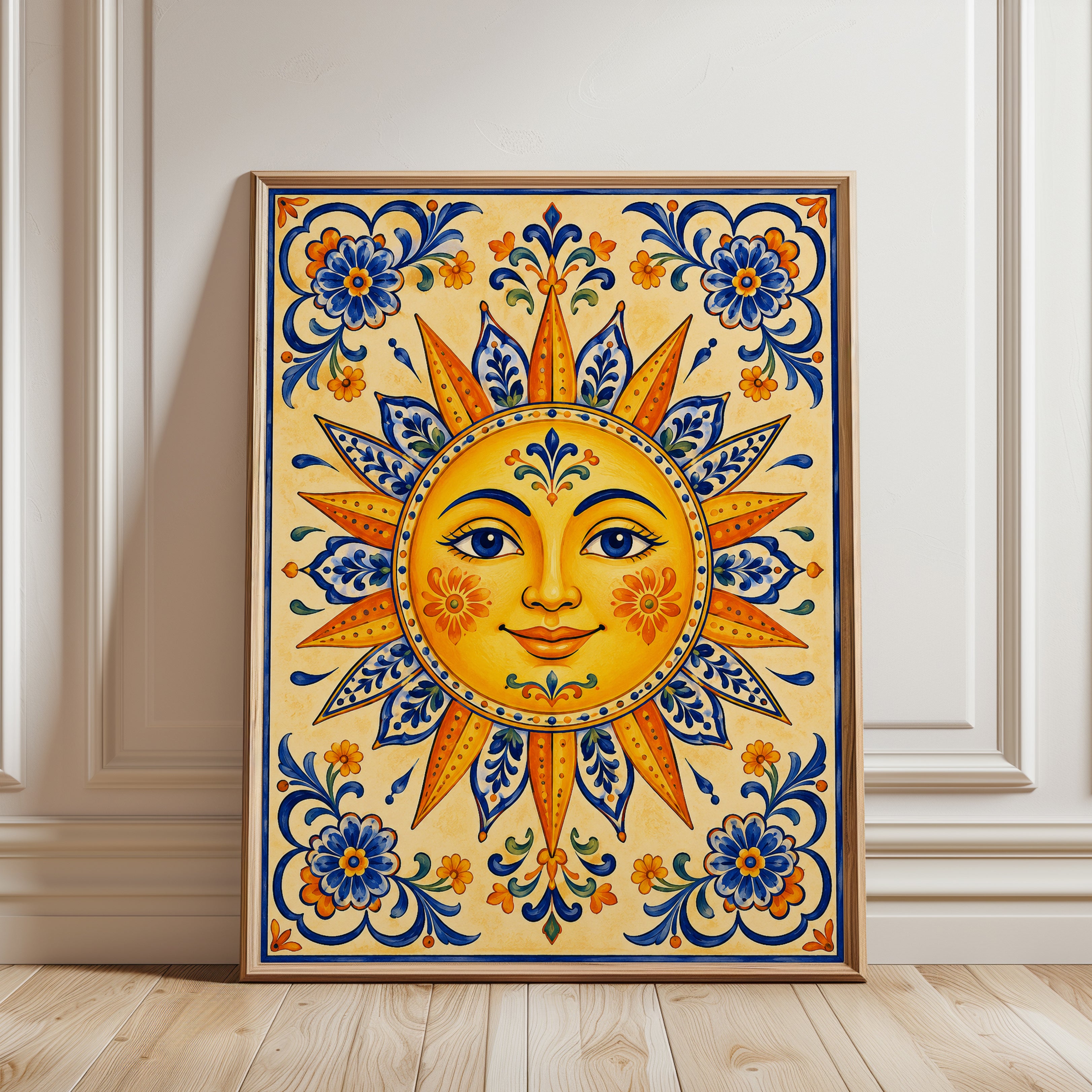 Sun Face Wall Art – Folk Art Print - framed detail