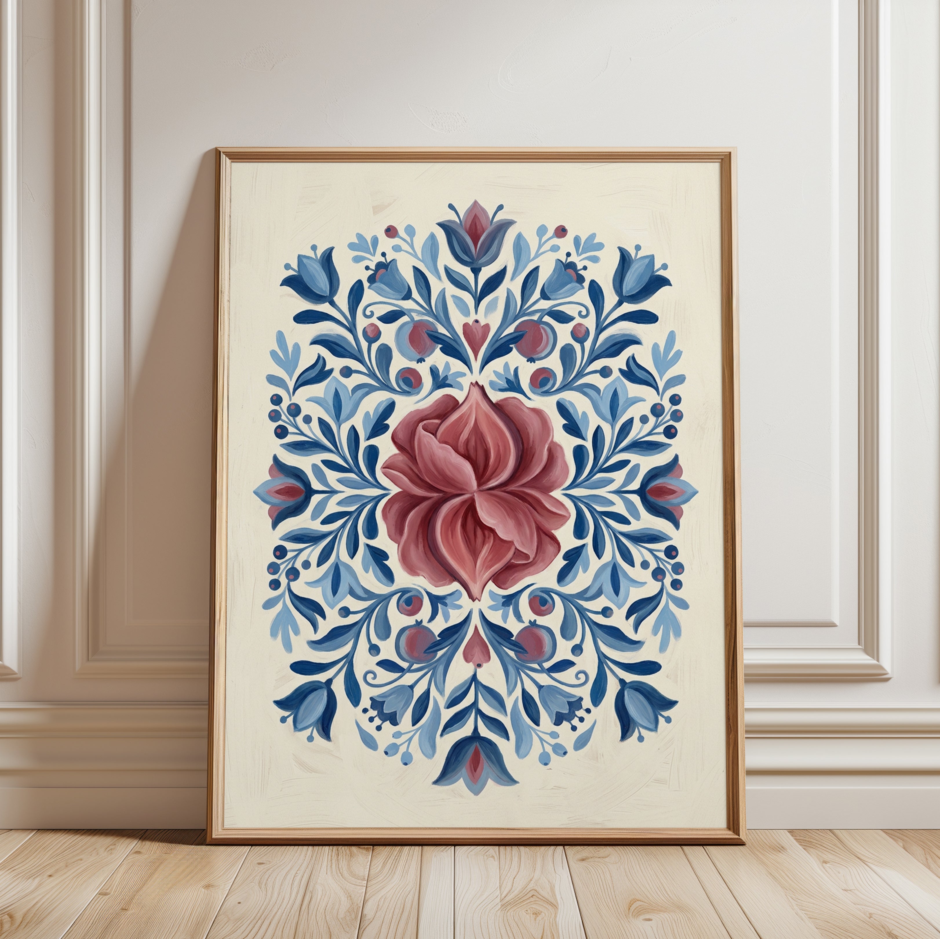 Folk Art Floral Print: Scandinavian Blue and Mauve Rosemaling - framed detail